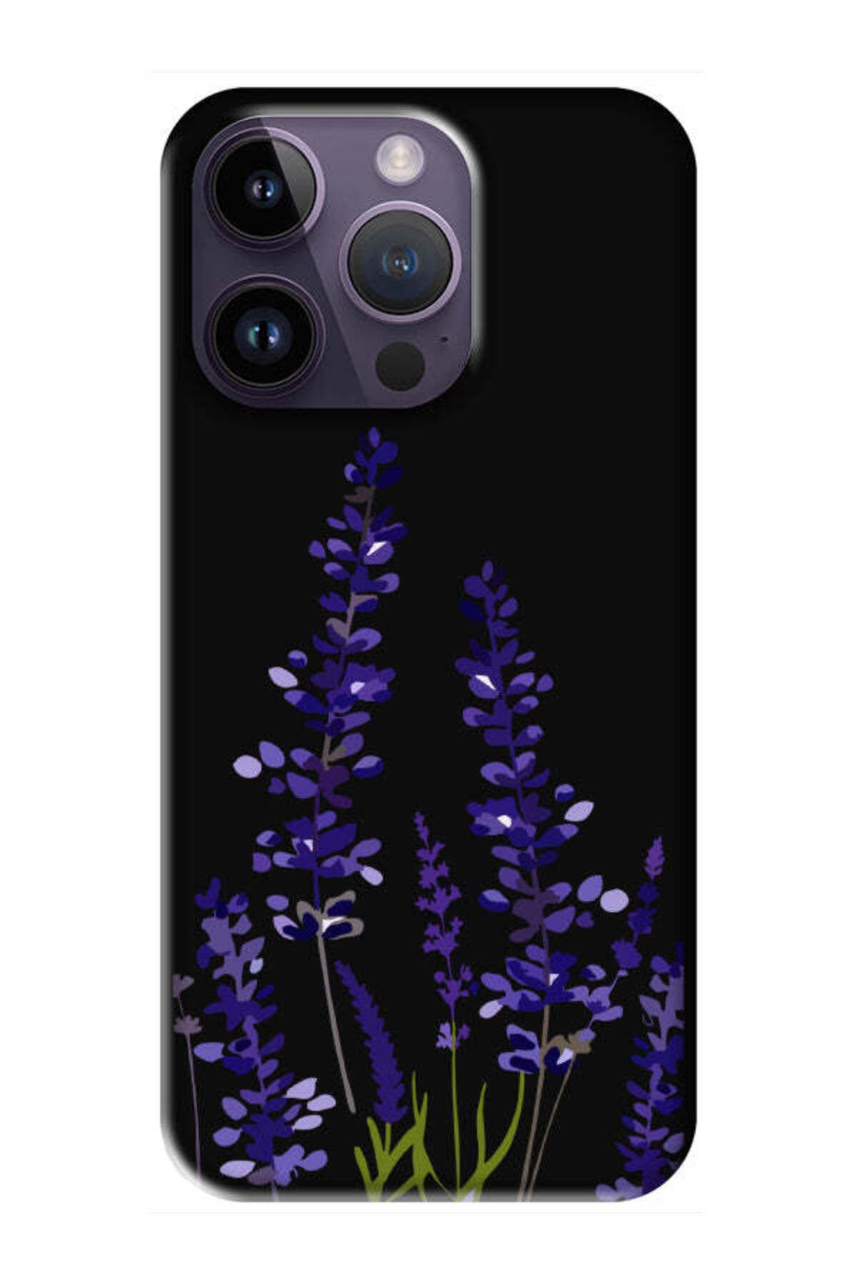 frondcase iPhone 14 Pro Max Lavanta Desenli Siyah Telefon Kılıfı