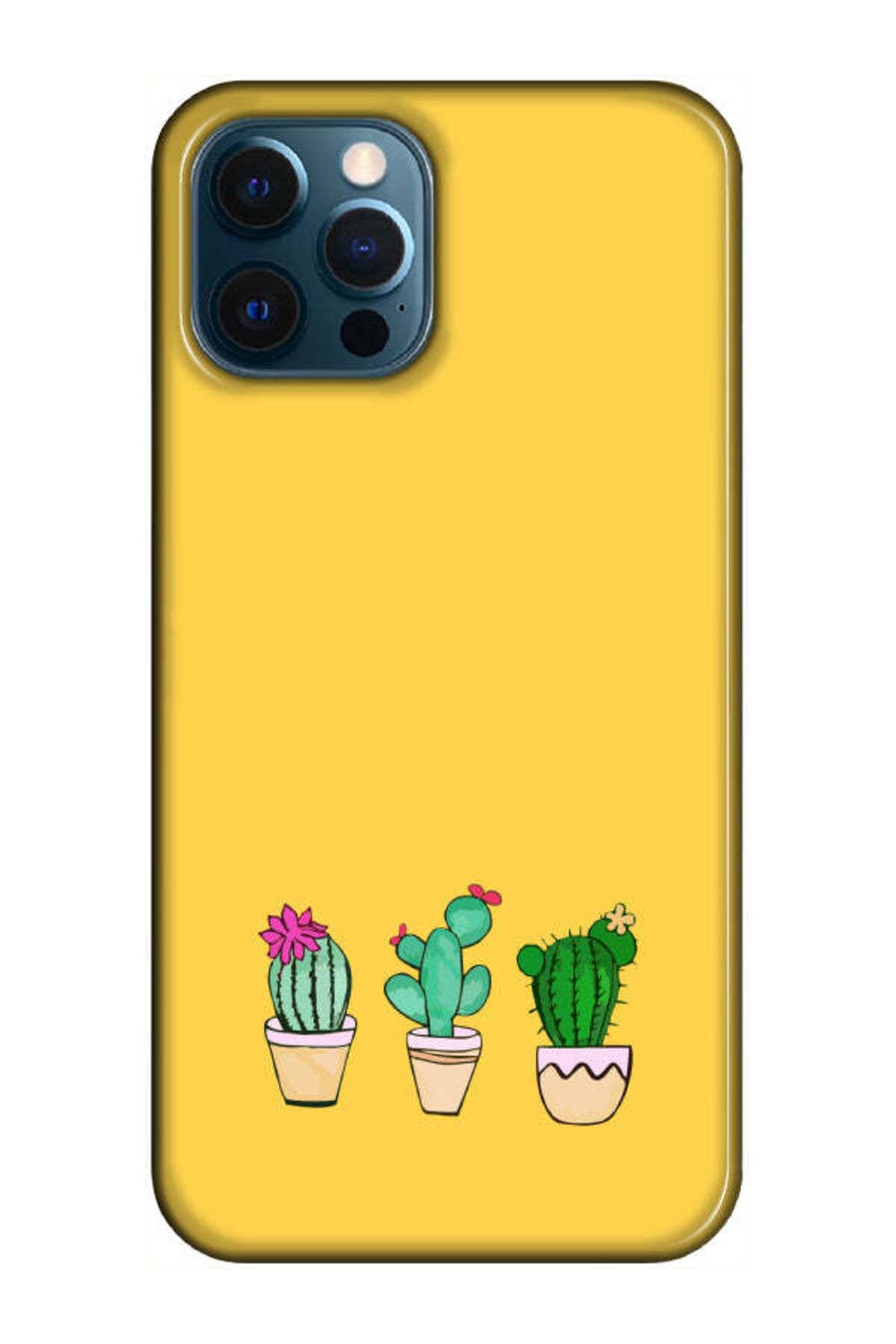 frondcase iPhone 12 Pro Kaktüs Desenli Sarı Telefon Kılıfı