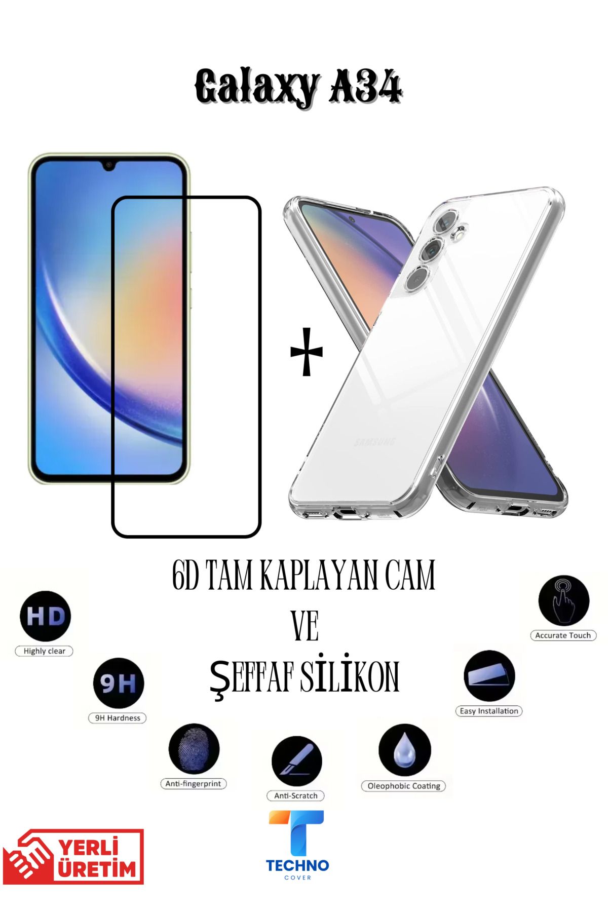 foxpower Samsung A34 6D Tam Kaplayan Ekran Koruyucu ve Şeffaf Kılıf 2li Avantajlı Paket