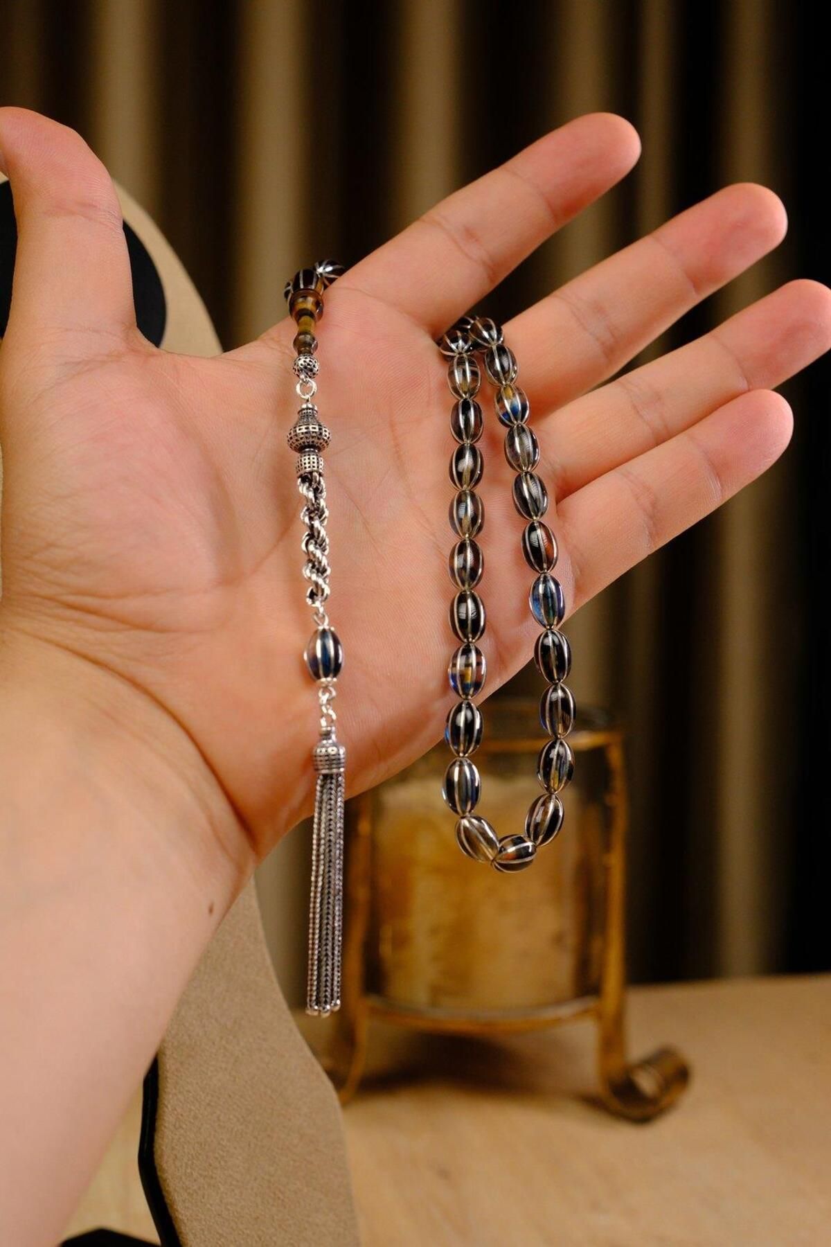 dergah tesbih-Full Silver Premium Handcrafted Beyzi Model Fire Amber Prayer Beads 3