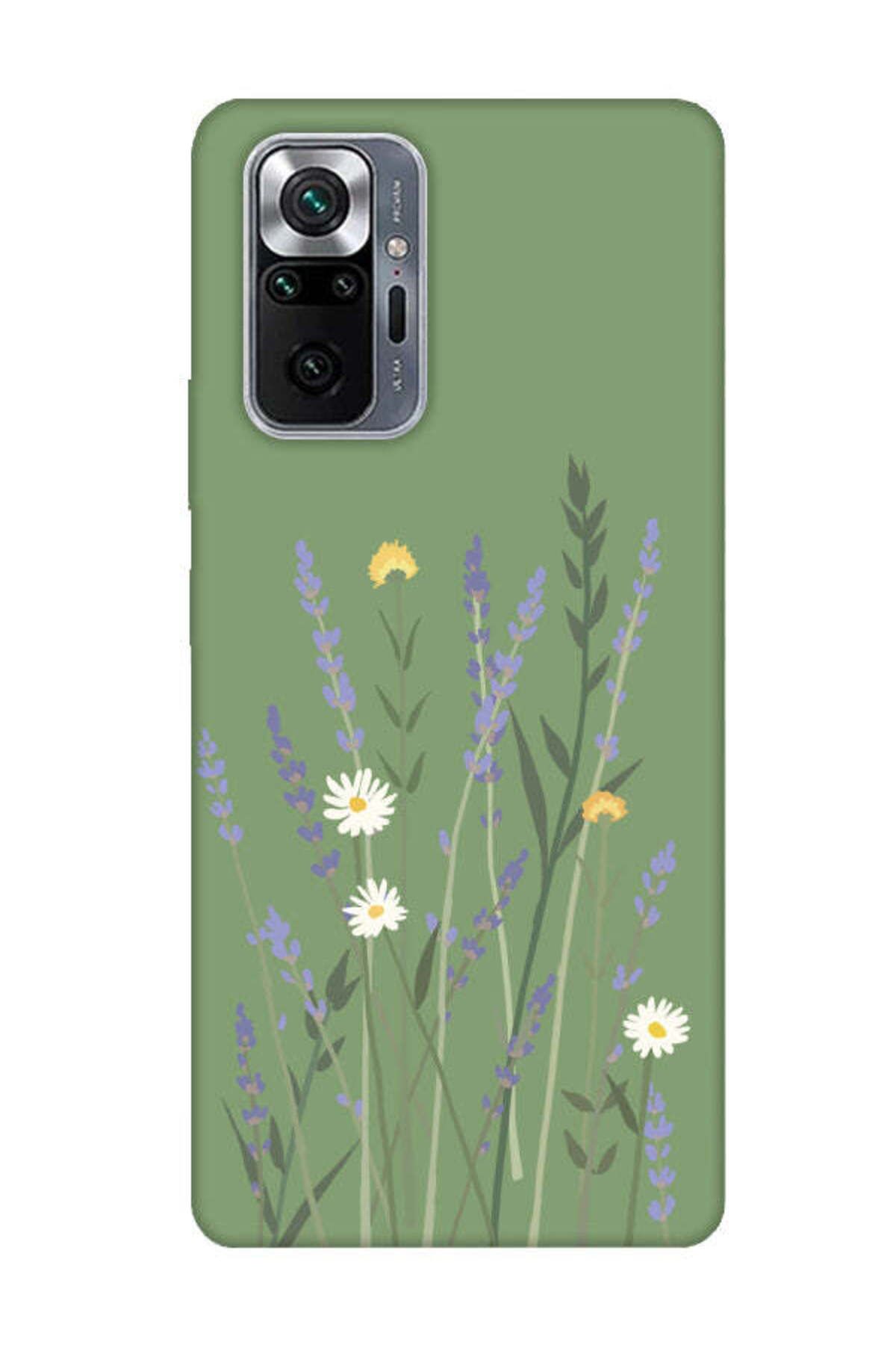 frondcase Redmi Note 10 Pro Lavanta Desenli Yeşil Telefon Kılıfı