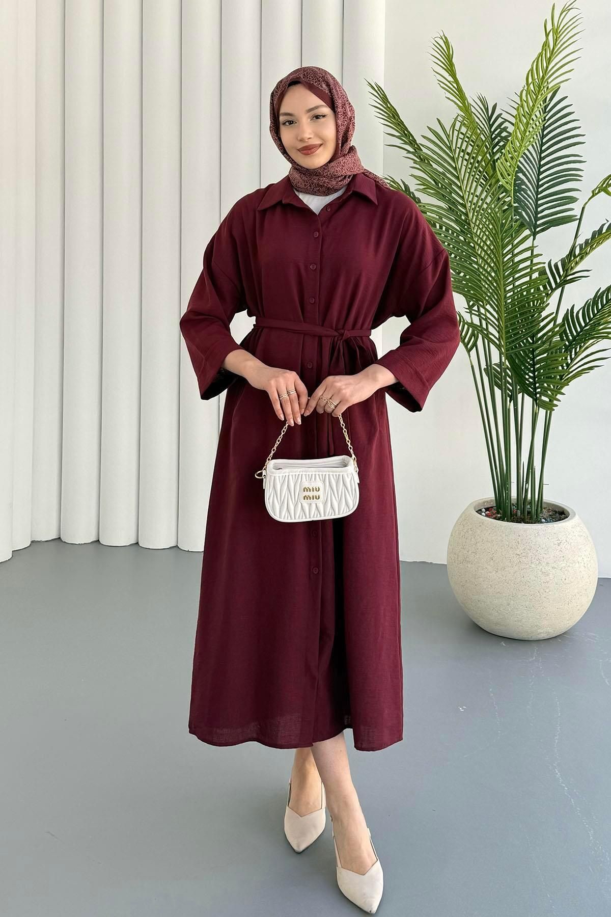 Modaensarbutik Boydan Düğmeli Keten Tesettür Elbise-BORDO