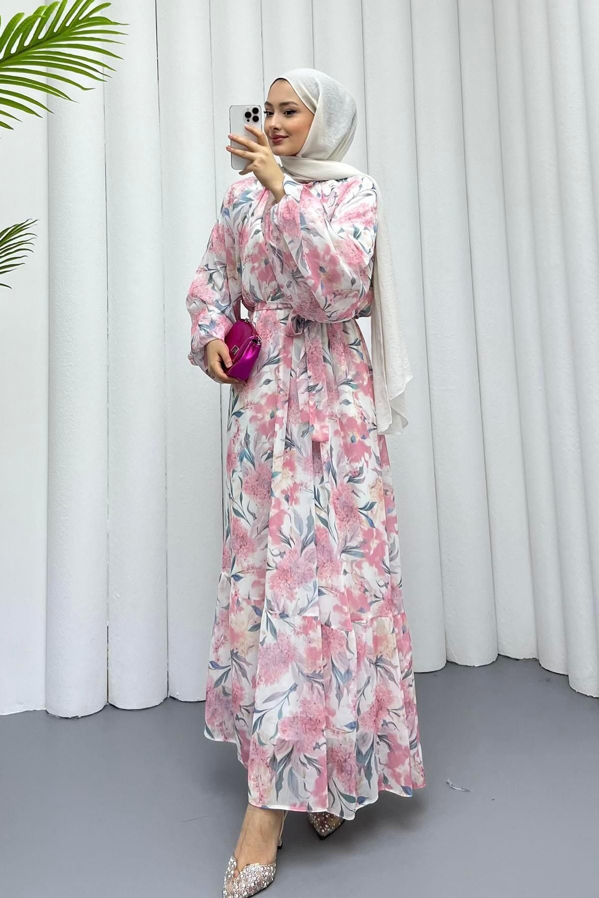 Modaensarbutik Balon Kollu Şifon Tesettür Elbise-PEMBE
