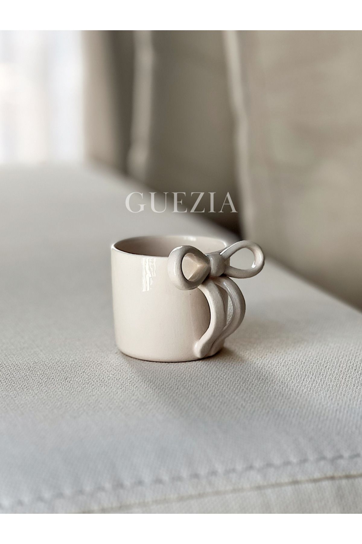 GUEZIA Mini Cream Ribbon Mug | Krem Kurdele Kulplu Kupa | 100 ML