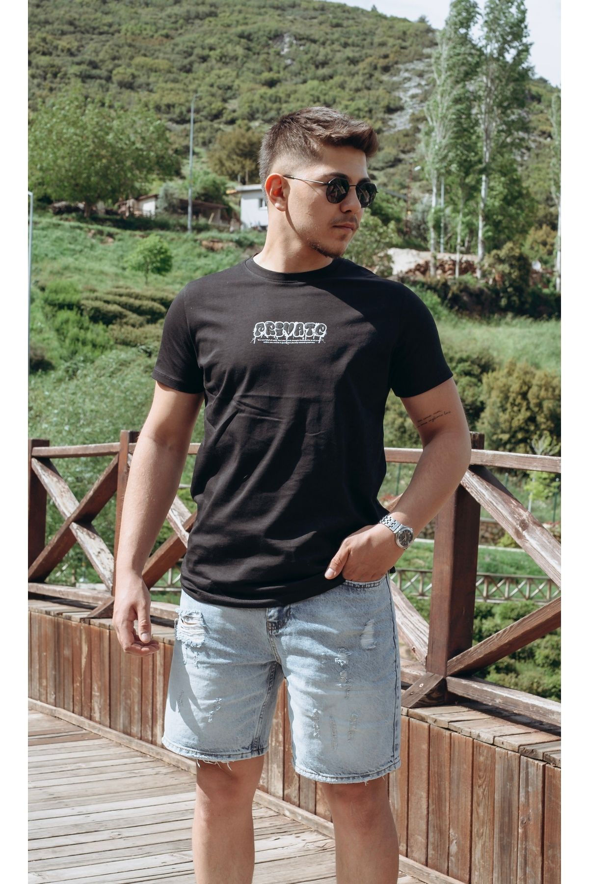 SUVİN Suvin Erkek Siyah Slim Fit “Private” Baskılı Tişört