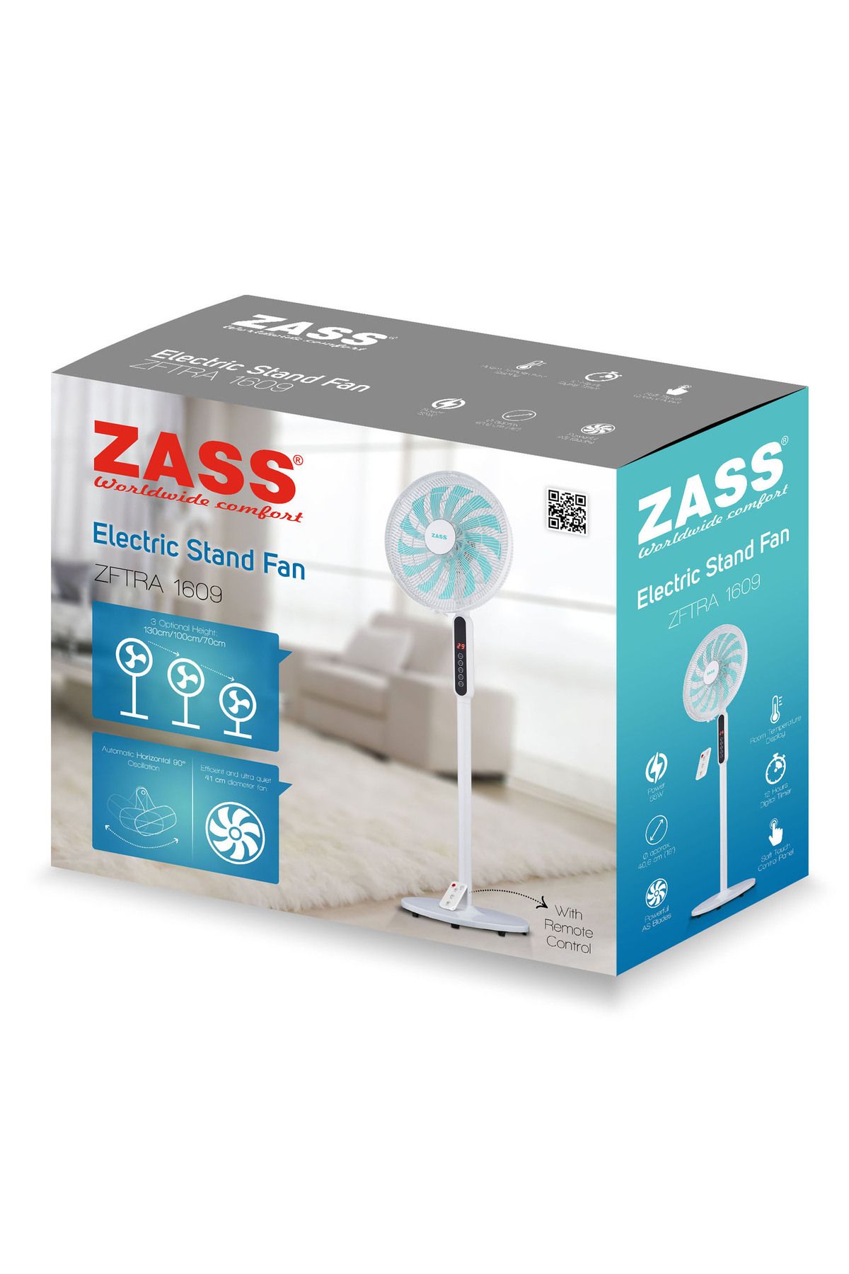 Zass-Fan with adjustable foot and remote control Zass ZFTRA 1609, 55 W, 3 speed,Timer, touch panel LED 10