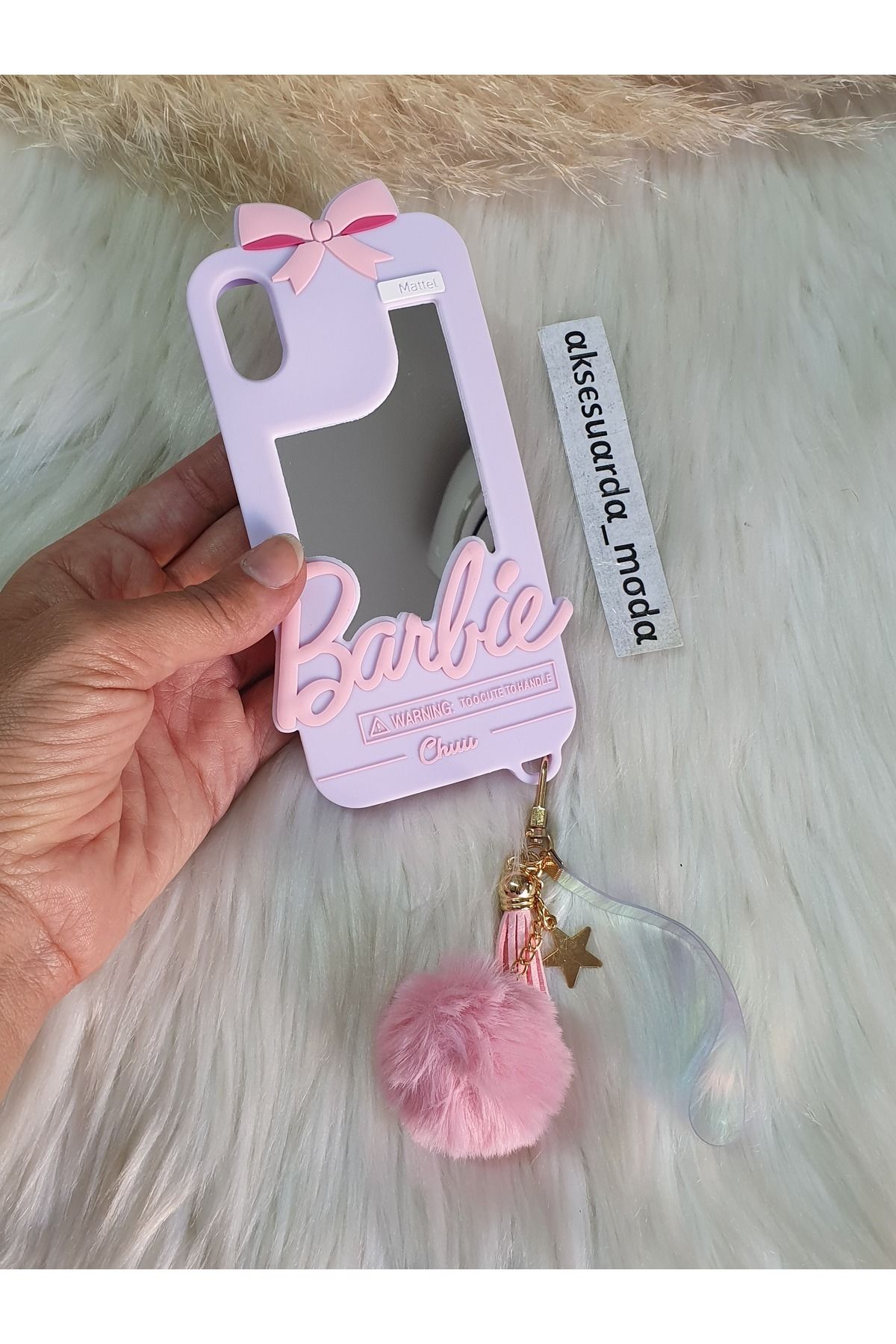 ZB Aksesuarda Moda iPhone X - XS Uyumlu Aynalı Ponponlu Barbi Silikon Kılıf