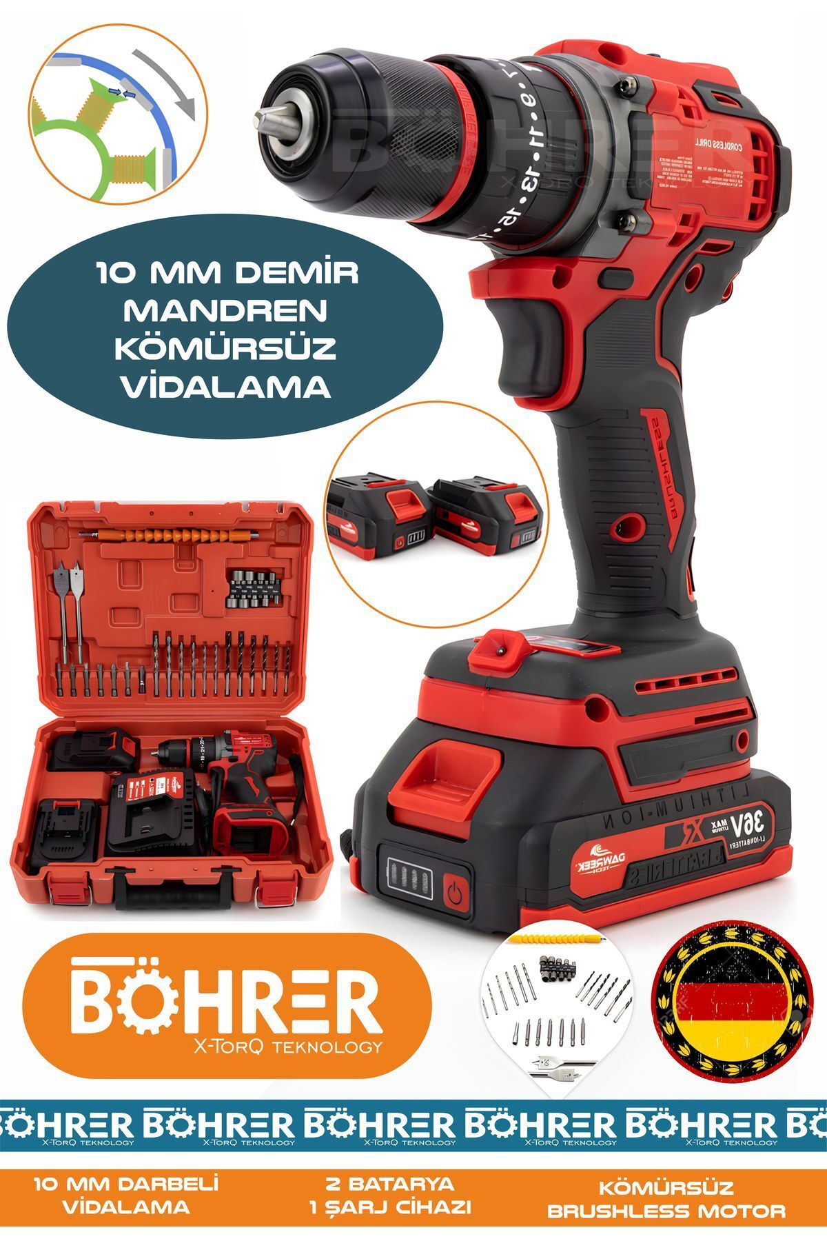 SerenityHaven ALMAN ÇİFT AKÜLÜ V298 5AH RED 10MM DEMİR MANDREN DARBELİ VİDALAMA MATKAP