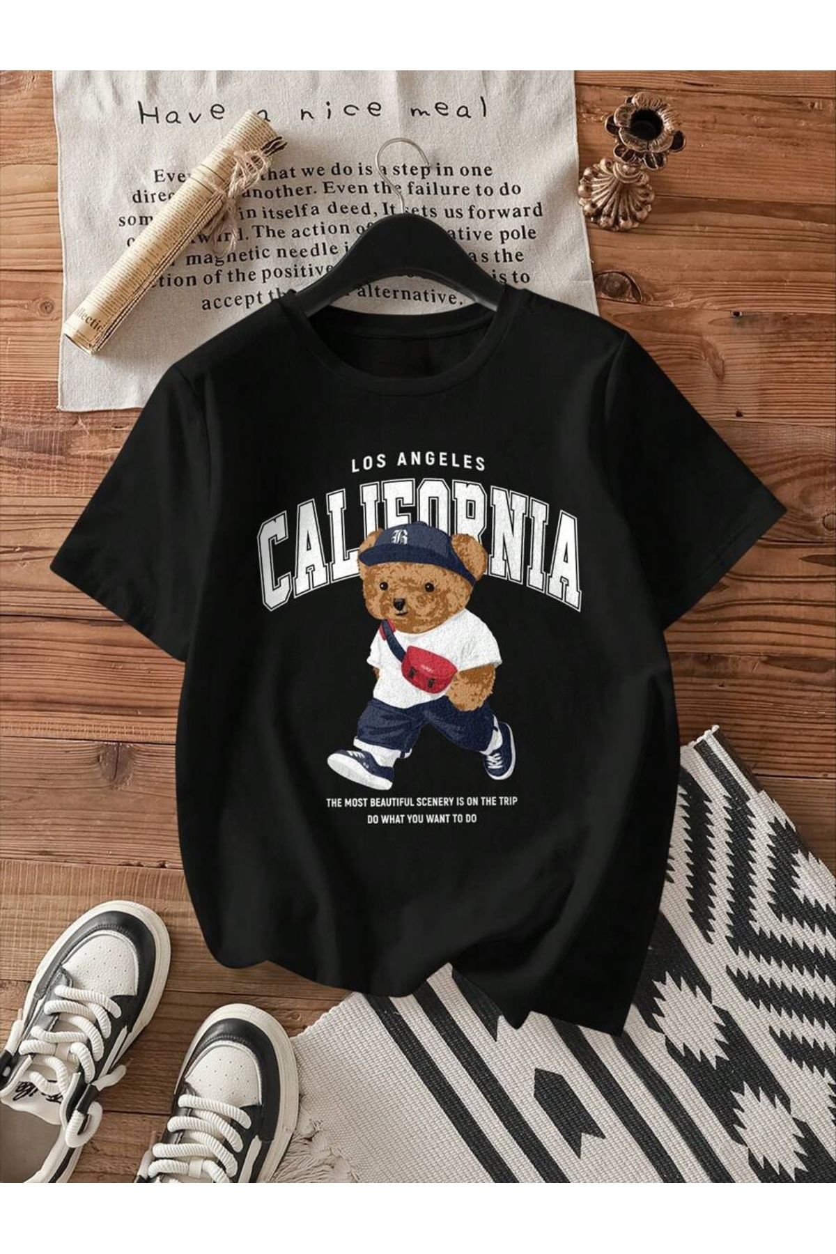 ELNOYA Unisex Pamuklu Siyah Oversize "Californiye Ayıcık" Baskılı Rahat Günlük T-shirt