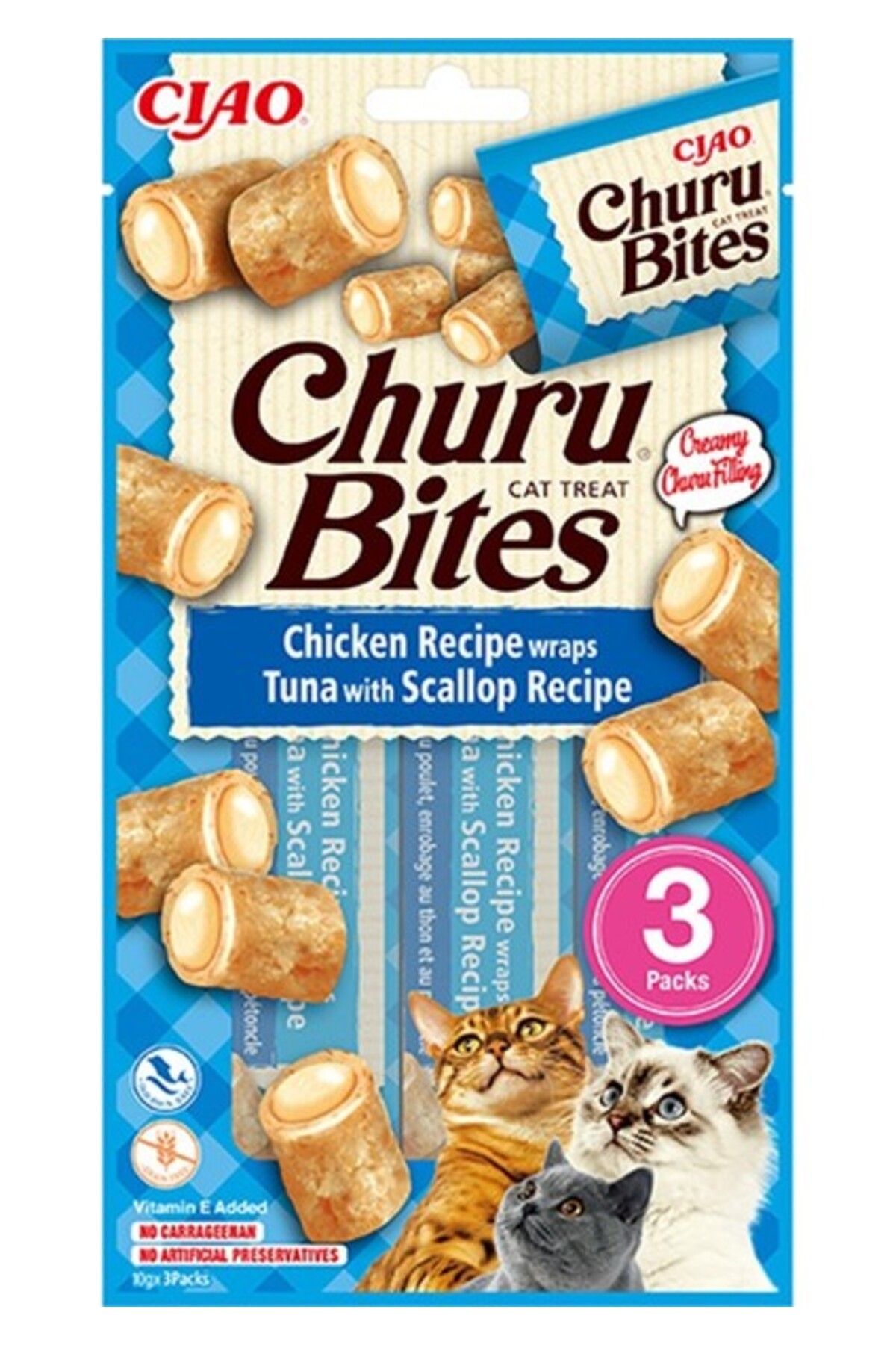 churu Bites Tavuk Sargılı, Deniz Taraklı ve Ton Balıklı Kedi Ödül Maması 3X10 Gr.