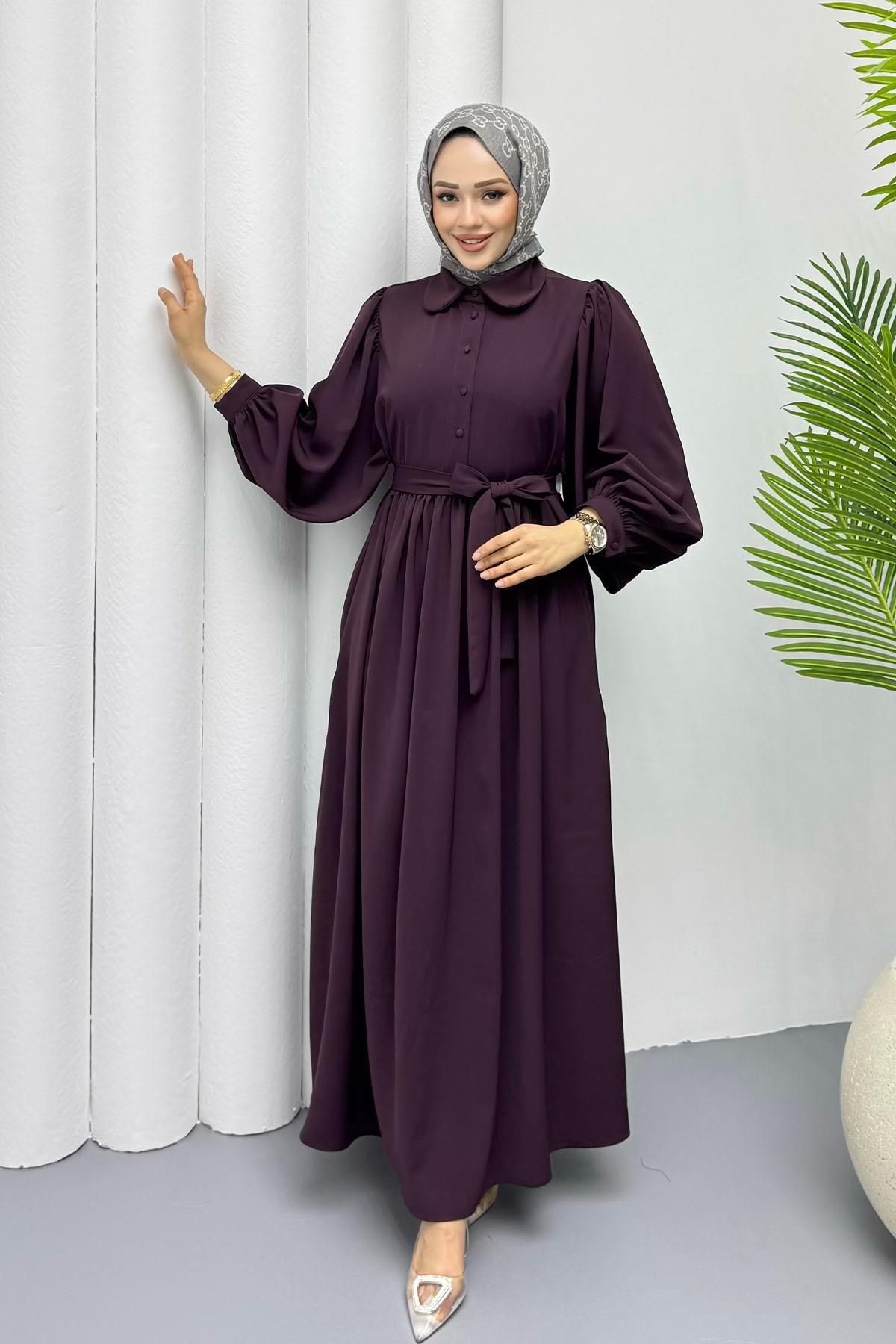 Modaensarbutik Yarım Düğmeli Bebe Yaka Twil Tesettür Elbise-BORDO