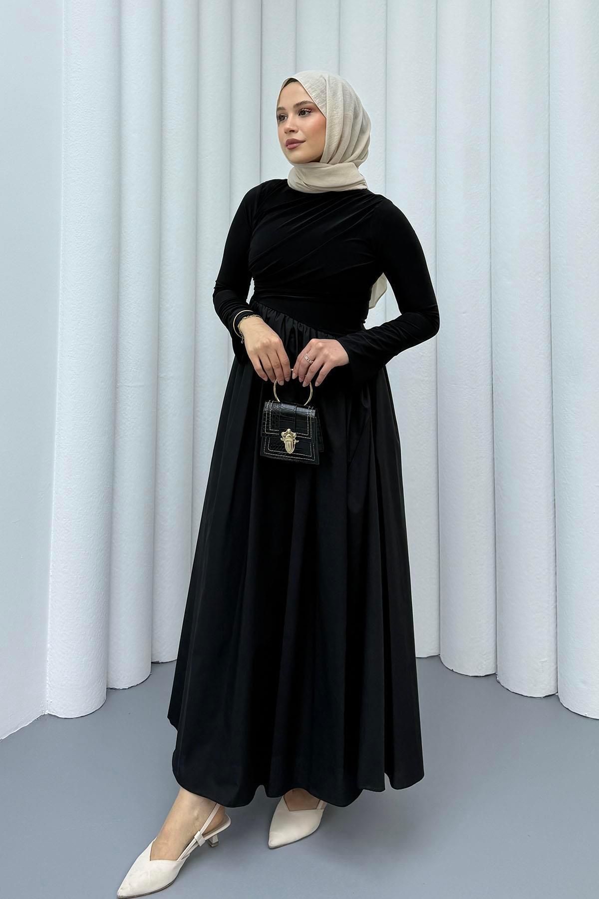 Modaensarbutik Garnili Asimetrik Tesettür Elbise-SİYAH