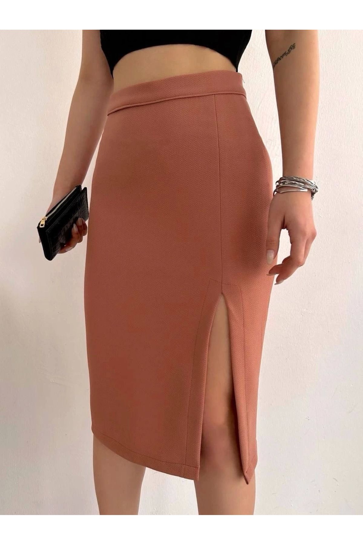 Ekince Uzun Midi Boy Yırtmaçlı Etek Somon S24907
