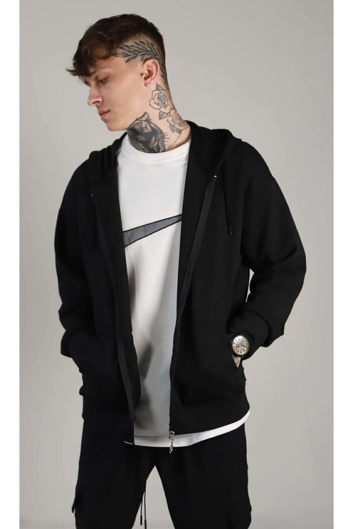 Syndra Siyah Iki Iplik Basic Oversize Hırka görsel 2