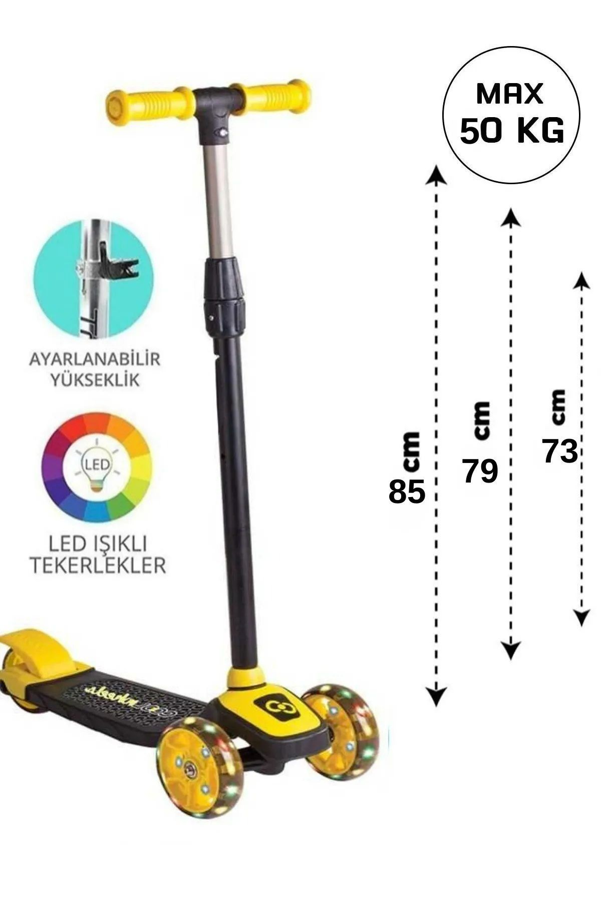 JOYFUL CHİLD Led Işıklı 3 Tekerlekli Yükseklik Ayarlı Sarı Çocuk Scooter