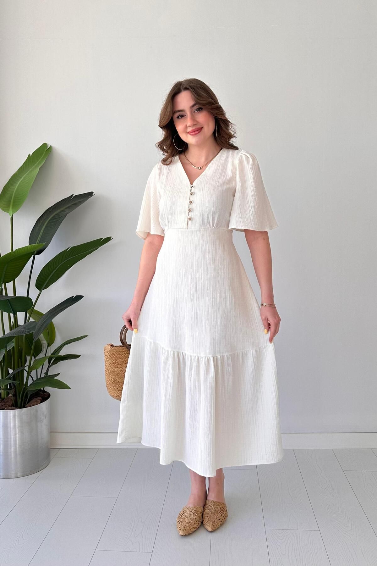 MaziButik Çan Kollu Dokulu Elbise Beyaz