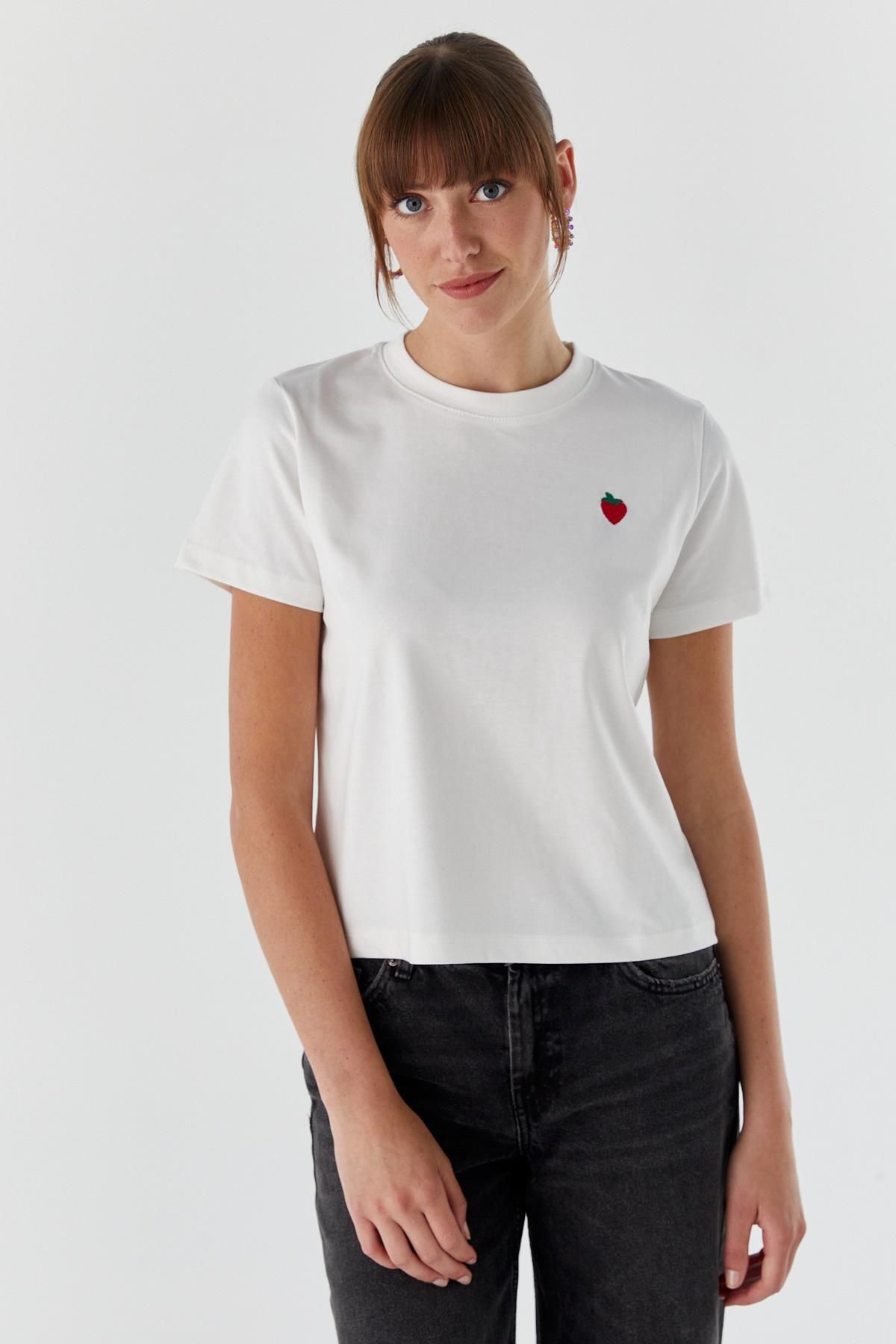 Shopping Shop Çilek Baskılı Tshirt EKRU