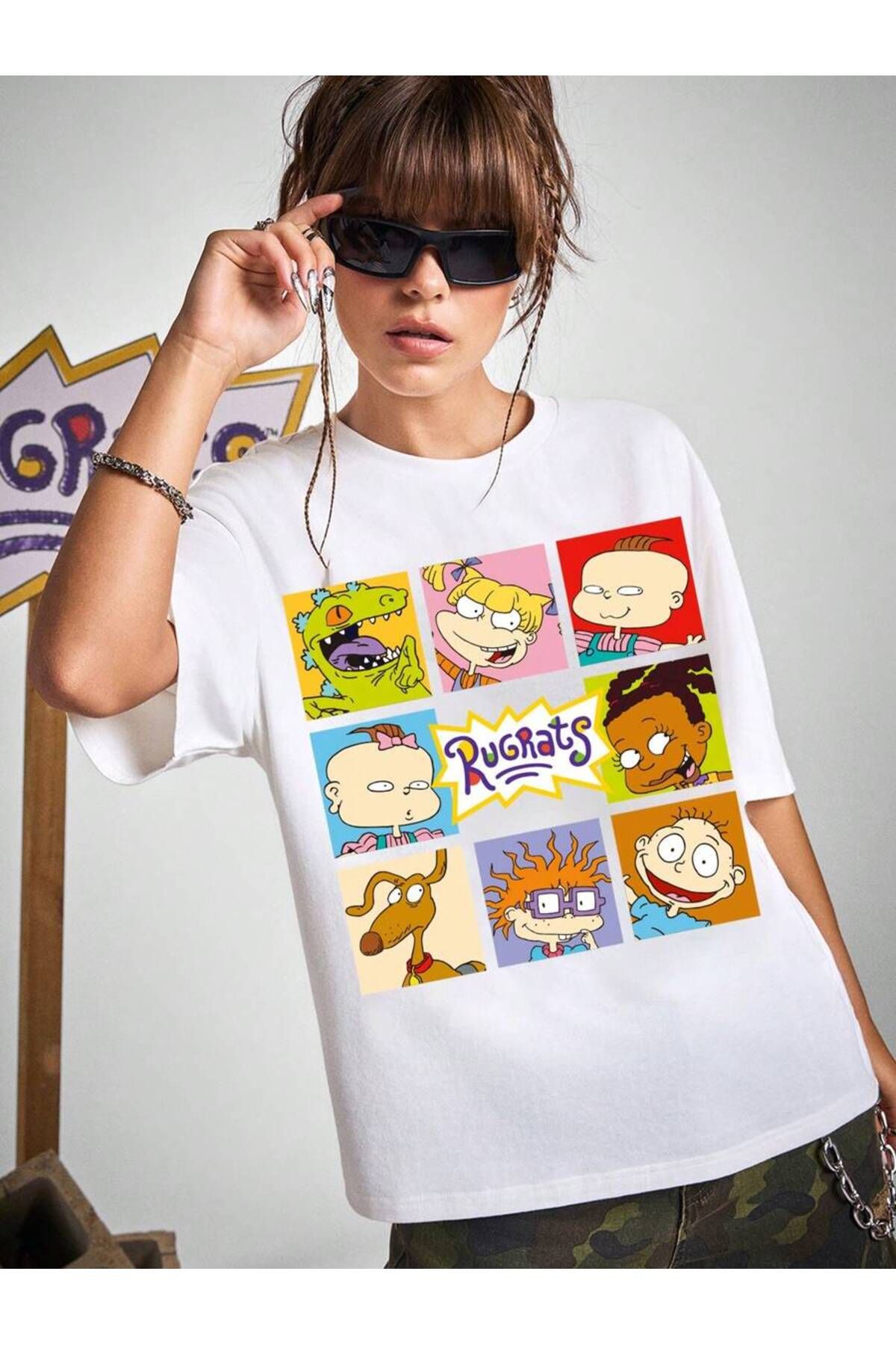 ELNOYA Unisex Pamuklu Beyaz Oversize "Rugrats" Baskılı Rahat Günlük T-shirt