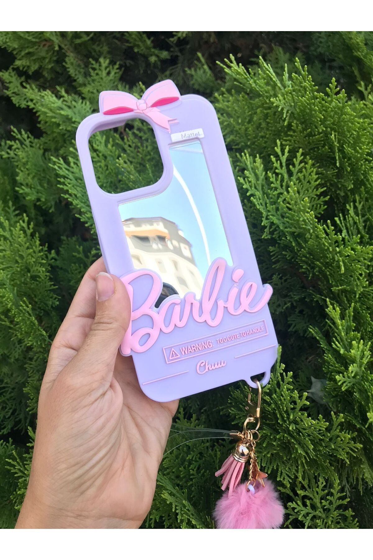 ZB Aksesuarda Moda iPhone 12 Uyumlu Aynalı Ponponlu Barbi Silikon Kılıf