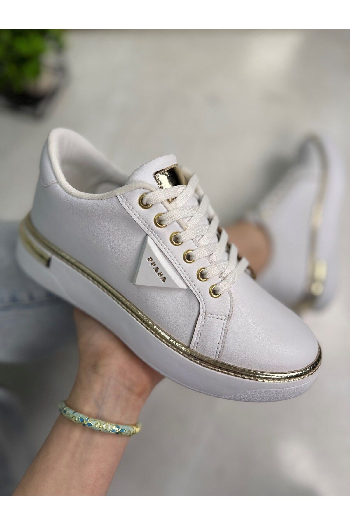 Nstil Günlük Kadın Spor Ayakkabı Ppada Model Gold Detaylı Bağcık Hafif Kalın Ortopedik Taban Sneaker 327