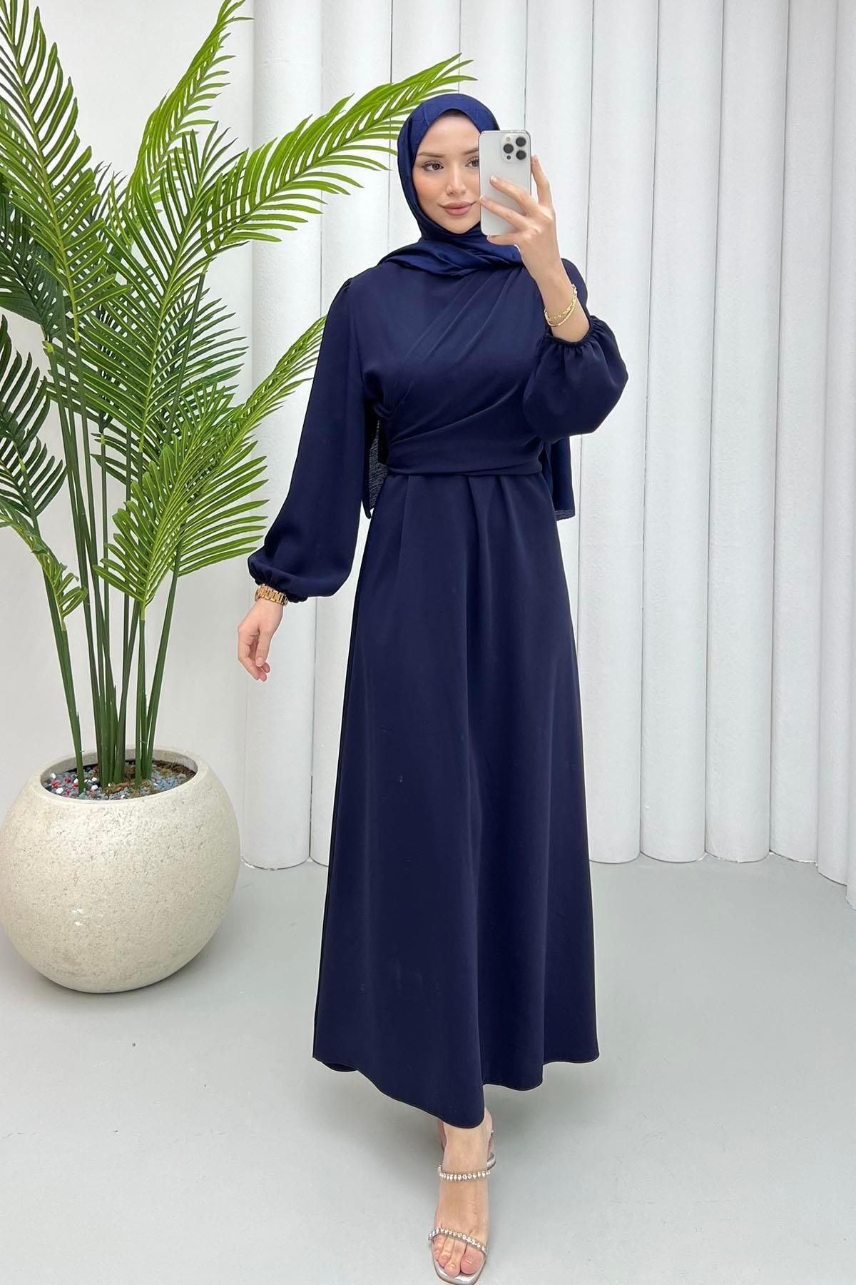 Modaensarbutik Şal Yaka Twil Tesettür Elbise-laci̇vert