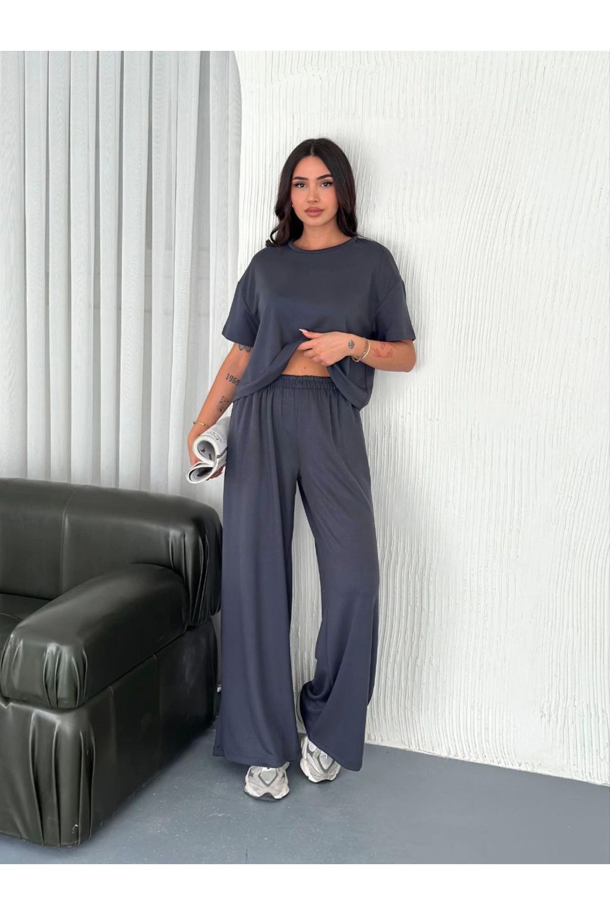 Vemora Osy Modal Yumuşak Dokulu Kumaş Bisiklet Yaka T-shirt Bol paça Pantalon ikili Takım -Antrasit