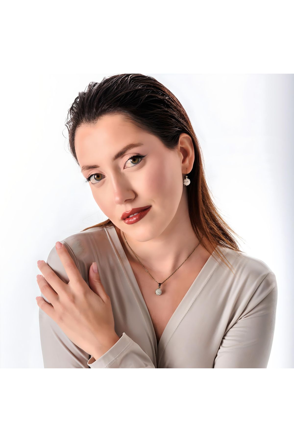 Atelier LEO Handmade Jewellery MİSTİK KÜRE KÜPE KOLYE TAKIM BAKIR EL YAPIMI KRİSTAL TAŞLI KARARMA YAPMAZ KADIN TAKI SETİ
