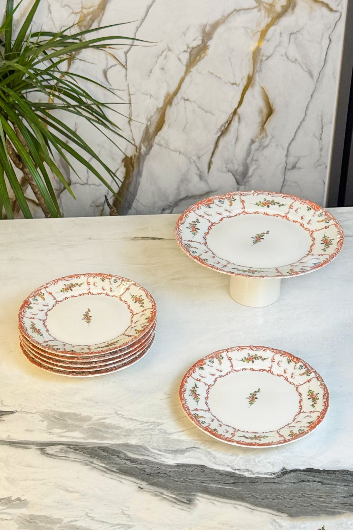 MAY HOME 7 Parça Standlı Porselen Pasta Sunum Takımı & Ayaklı Kek Pasta Kurabiye Servisliği