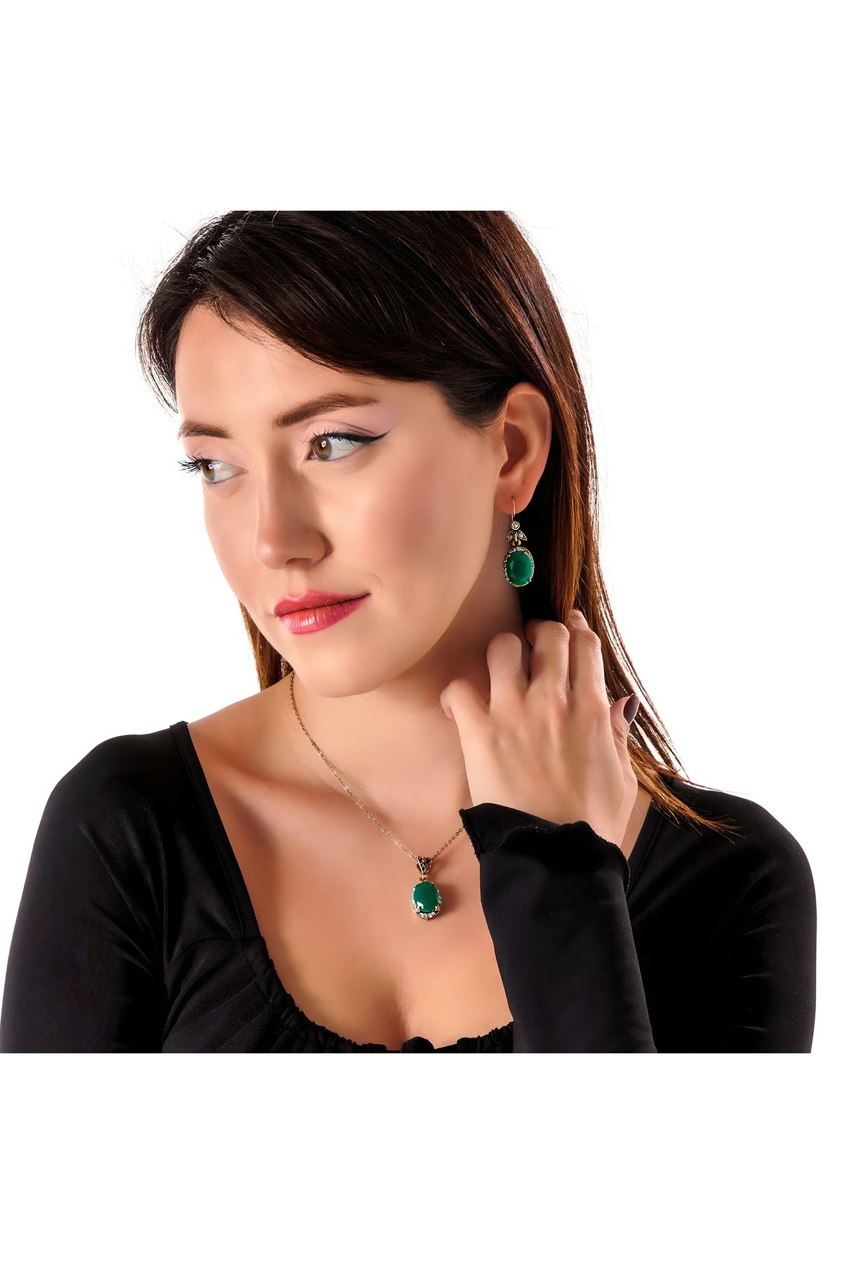 Atelier LEO Handmade Jewellery KÖSEM SULTAN KÖK YEŞİL KÜPE KOLYE TAKIM BAKIR EL YAPIMI ZİRKON TAŞLI KARARMA YAPMAZ KADIN TAKI SETİ