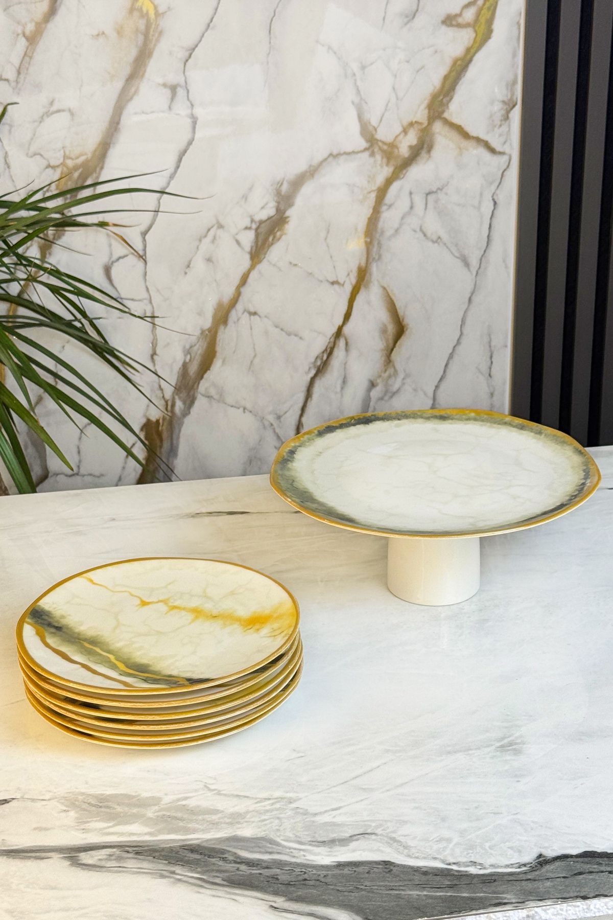 MAY HOME-7 Piece Yeh Porcelain Cake Presentation Set with Stand & Footed Cake Pastry Cookie Serving Set 4