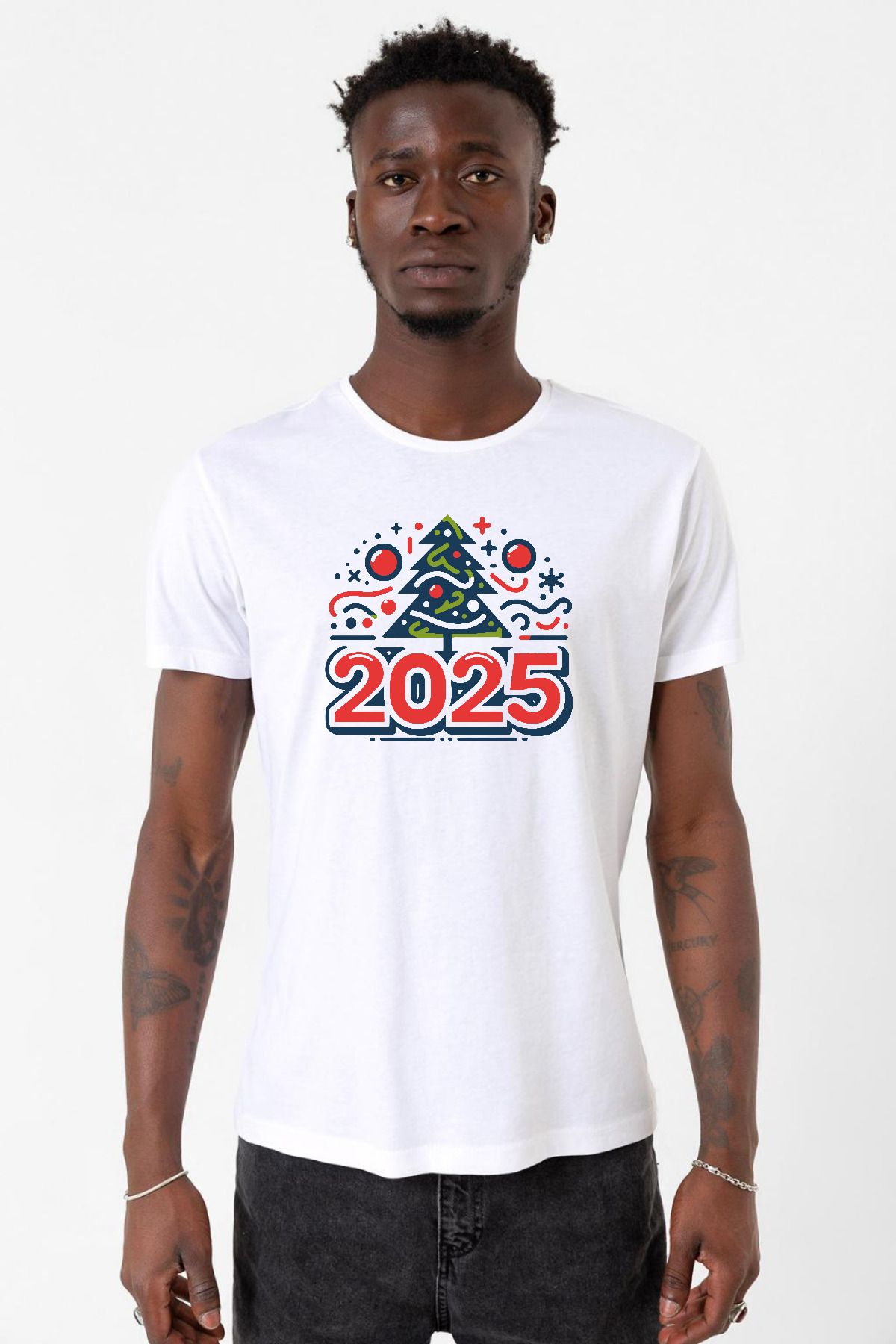 Tshirthane Happy New Year 2025 Essential Beyaz Erkek Bisikletyaka Tshirt