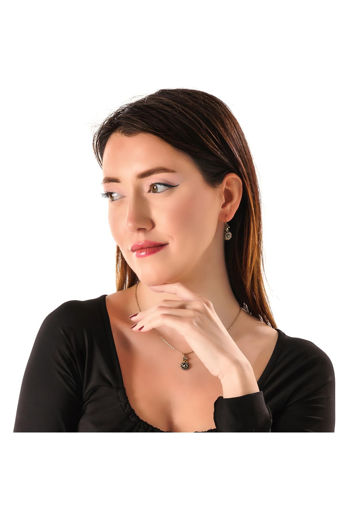 Atelier LEO Handmade Jewellery ANTİK IŞILTI ANTRASİT KÜPE KOLYE TAKIM BAKIR EL YAPIMI KRİSTAL TAŞLI KARARMA YAPMAZ KADIN TAKI SETİ
