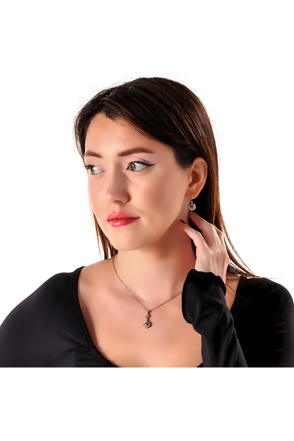 Atelier LEO Handmade Jewellery HARMONİ MİNİ ÇİÇEK KIRMIZI BAKIR EL YAPIMI KRİSTAL TAŞLI KARARMA YAPMAZ KADIN TAKI SETİ
