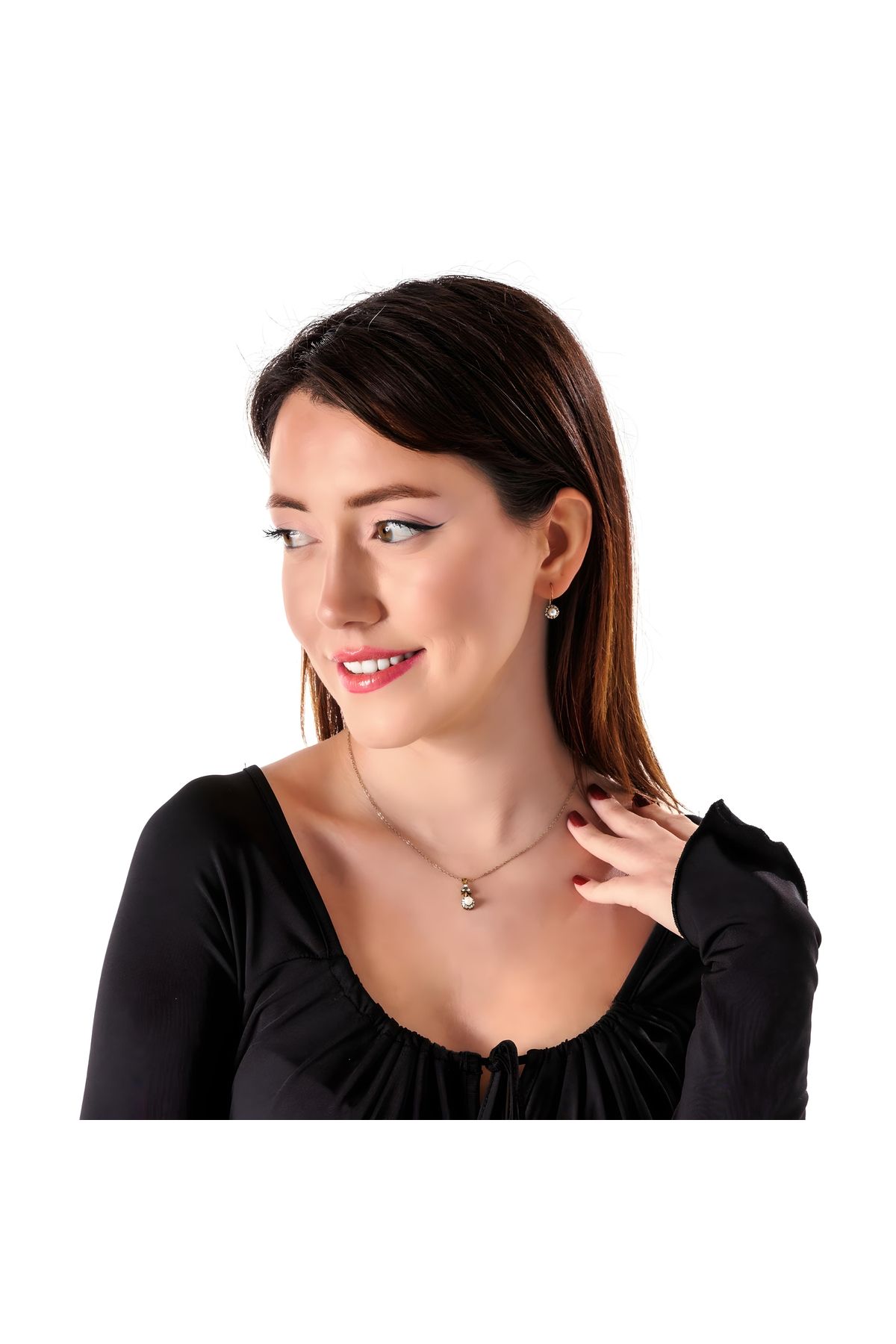 Atelier LEO Handmade Jewellery ZAMANSIZ PIRILTI İNCİ KÜPE KOLYE TAKIM BAKIR EL YAPIMI KRİSTAL TAŞLI KARARMA YAPMAZ KADIN TAKI SETİ