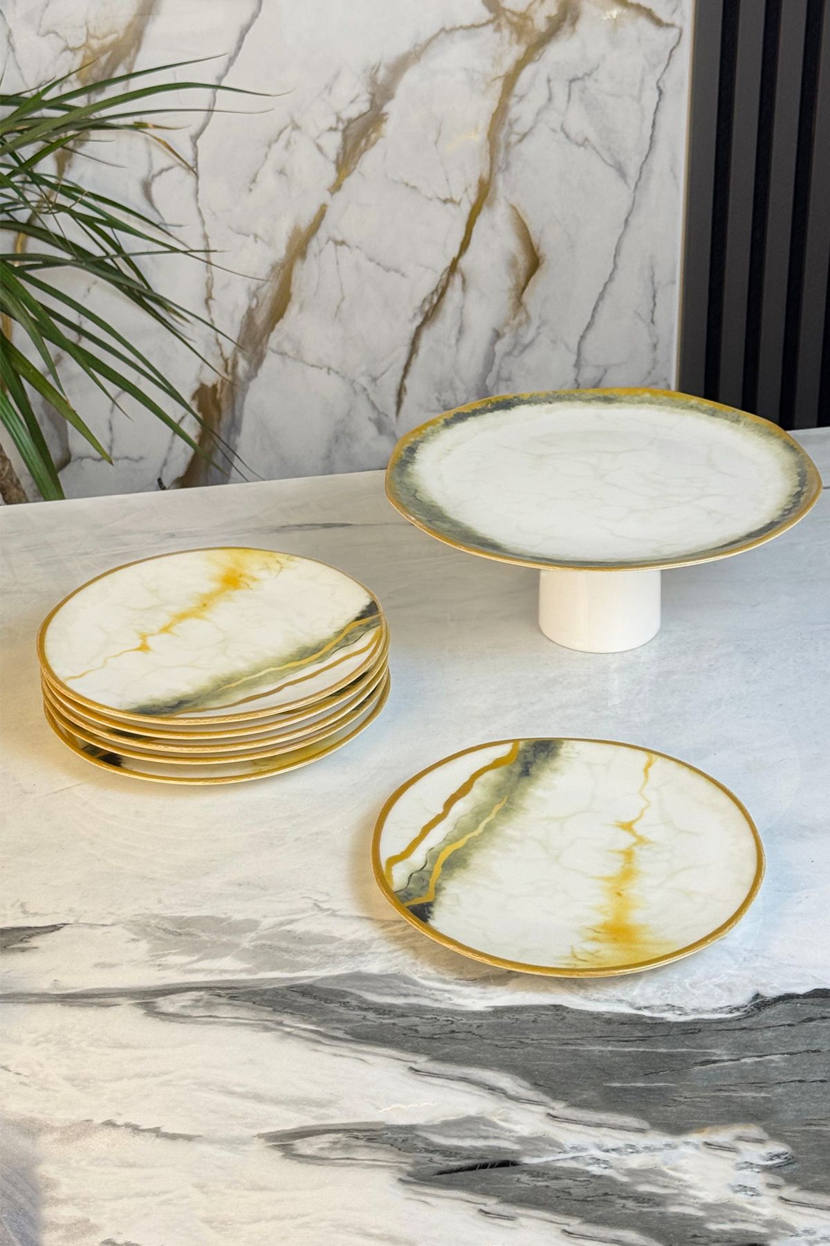 MAY HOME 7 Parça Yeh Standlı Porselen Pasta Sunum Takımı & Ayaklı Kek Pasta Kurabiye Servisliği