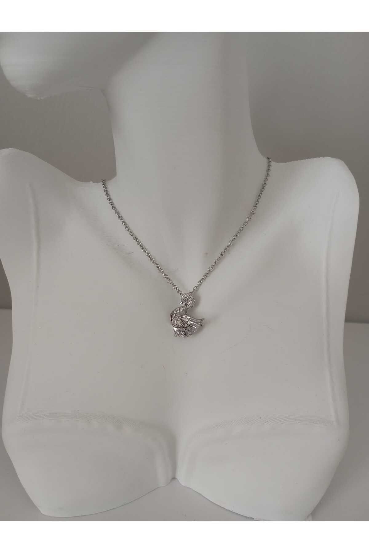 sessjewelry Çelik silver zirkon taşlı kuğu kolye