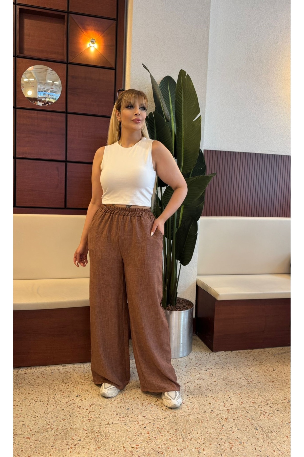 Butik Nilyam-Women's Plus Size Sofia Linen Casual Trousers with Elastic Waist and Pockets 21070 5