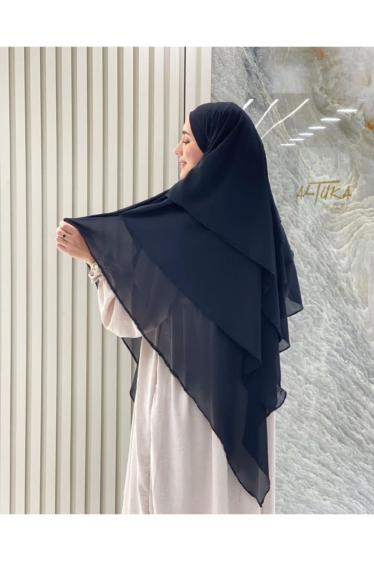 LA SEFA Hazır Bağlama Üç Katlı Şifon Hac Umre Şalı Sufle Khimar Hijab Siyah