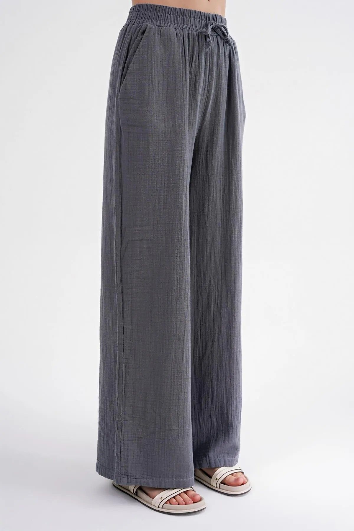 atelyu kadın taş rengi müslin bol paça pantalon