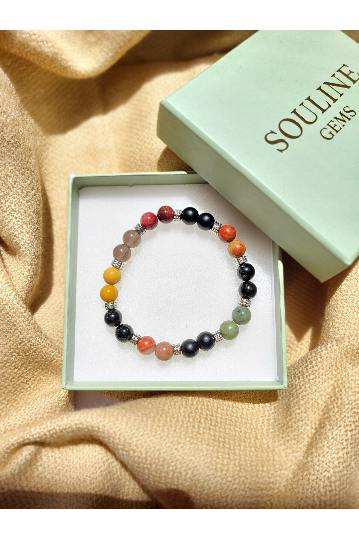 Souline Gems Gerçek Doğal Taş Bileklik - Yeşim, Oniks, Kırmızı Jasper, Turmalin, Mokait, Güneş Taşı