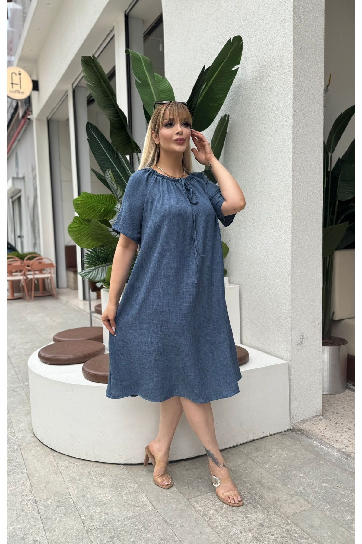 Butik Nilyam Kadın Büyük Beden Lastik Yaka Kısa Kol Sofia Keten Elbise