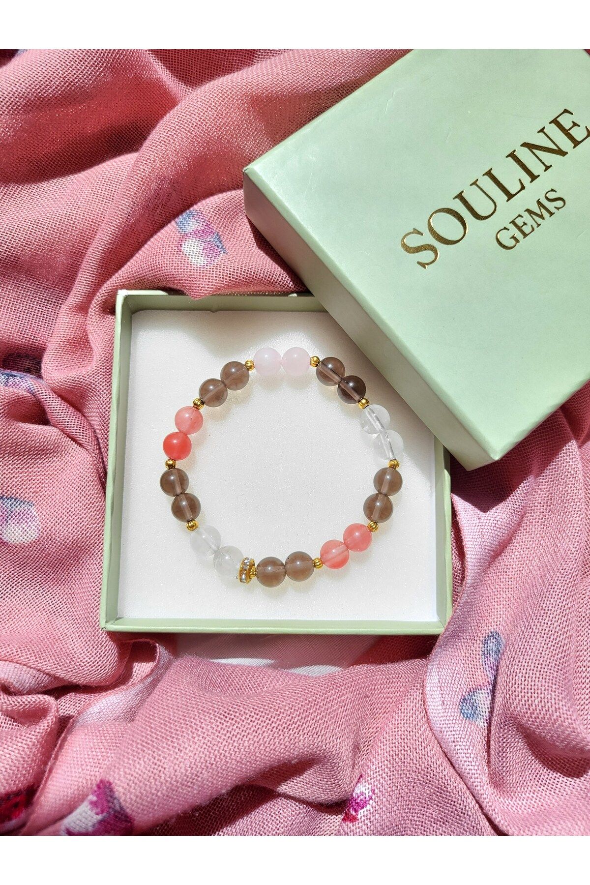 Souline Gems Gerçek Doğal Taş Bileklik - Dumanlı Kuvars, Pembe Kuvars, Çilek Kuvars, Kristal Kuvars
