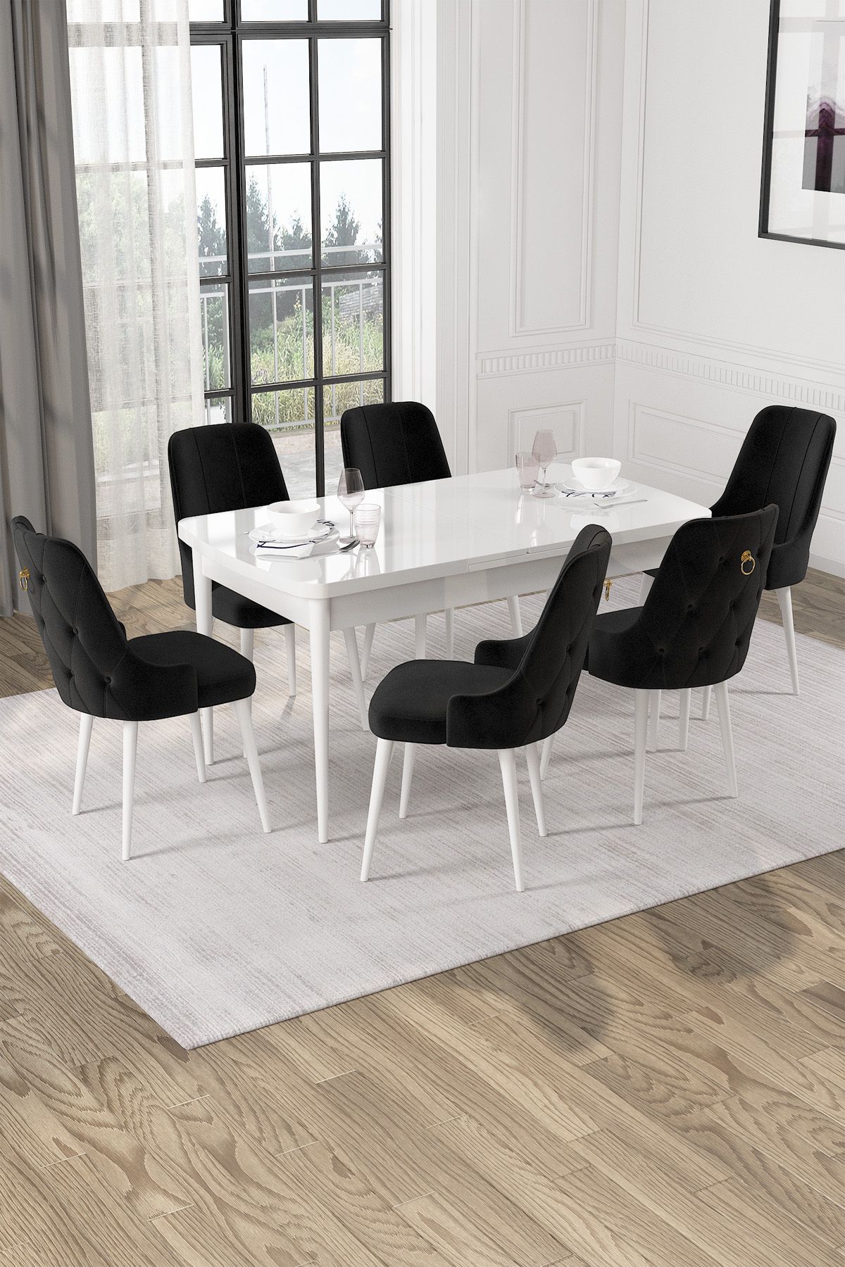 Hira Wessa Serisi 80x132 Açılabilir MDF Beyaz Masa Takımı 6 Siyah Sandalye