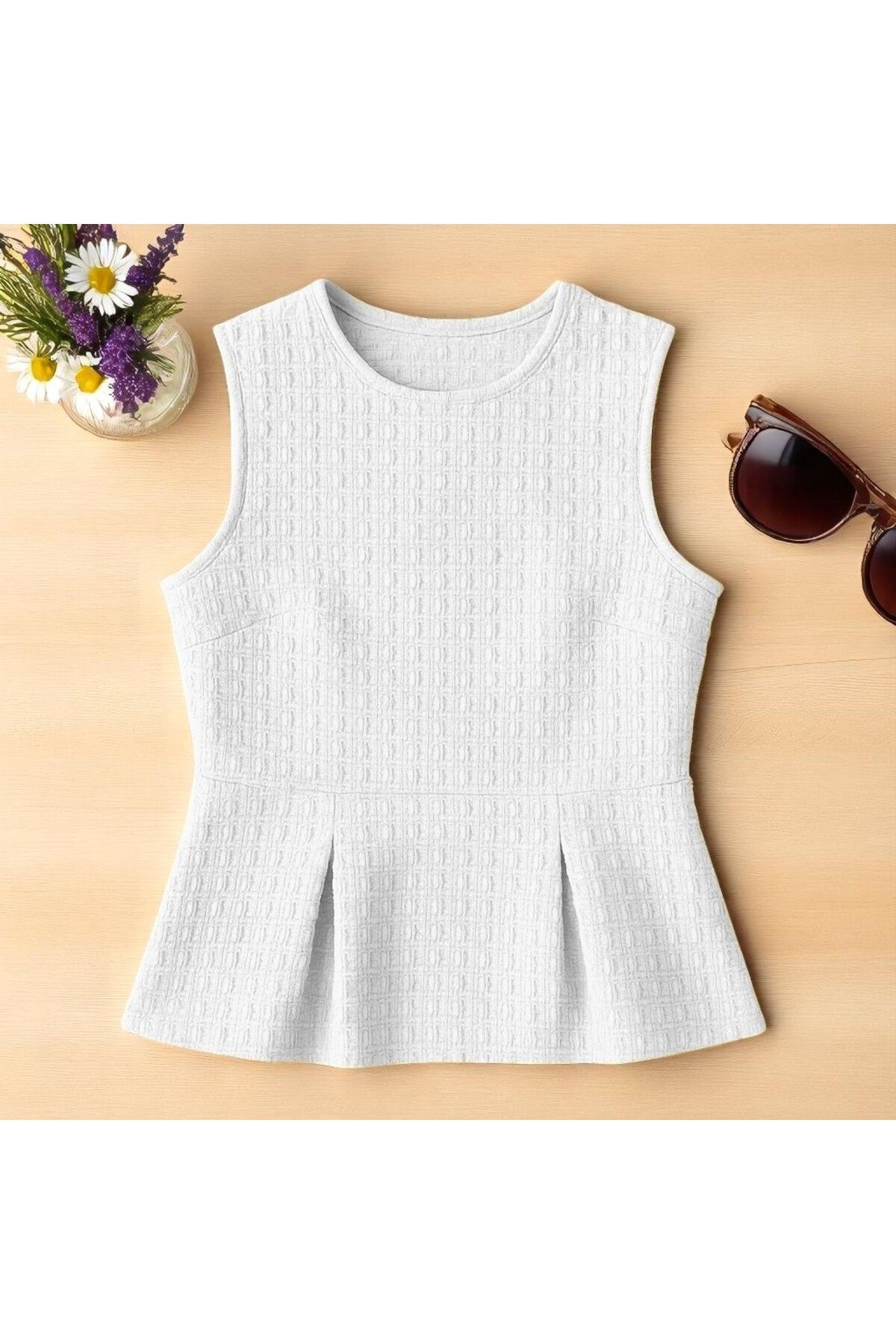 YONEZ MODA Kadın Rahat Kalıp Gofre Kumaş Çıma Detaylı Bisiklet Yaka Bluz Crop