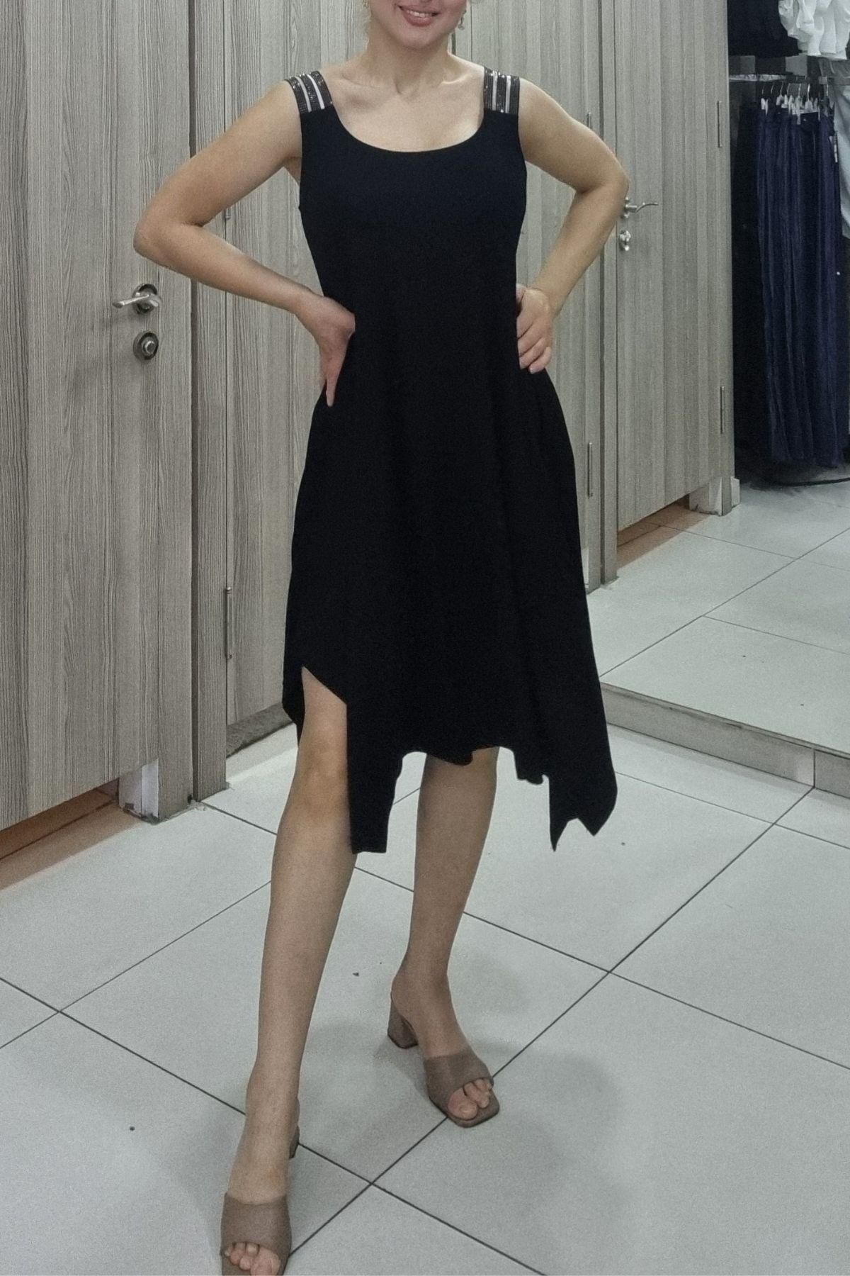 Maya Butik Askıları Işıltılı Asimetrik Pamuk Viskon Elbise - 893