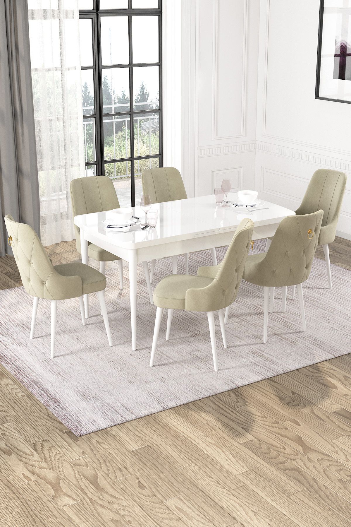 Hira Wessa Serisi 80x132 Açılabilir MDF Beyaz Masa Takımı 6 Krem Sandalye