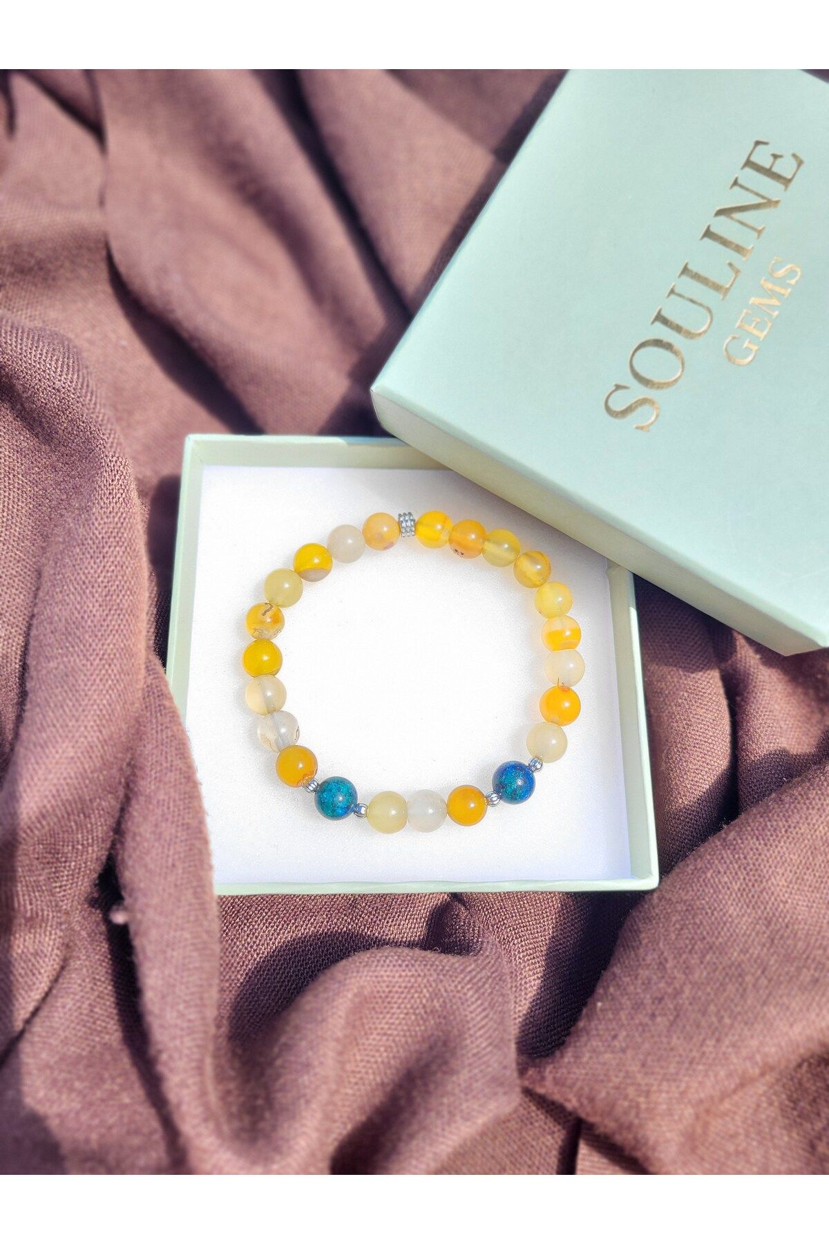 Souline Gems Gerçek Doğal Taş Bileklik - Amber(Kehribar), Azurit