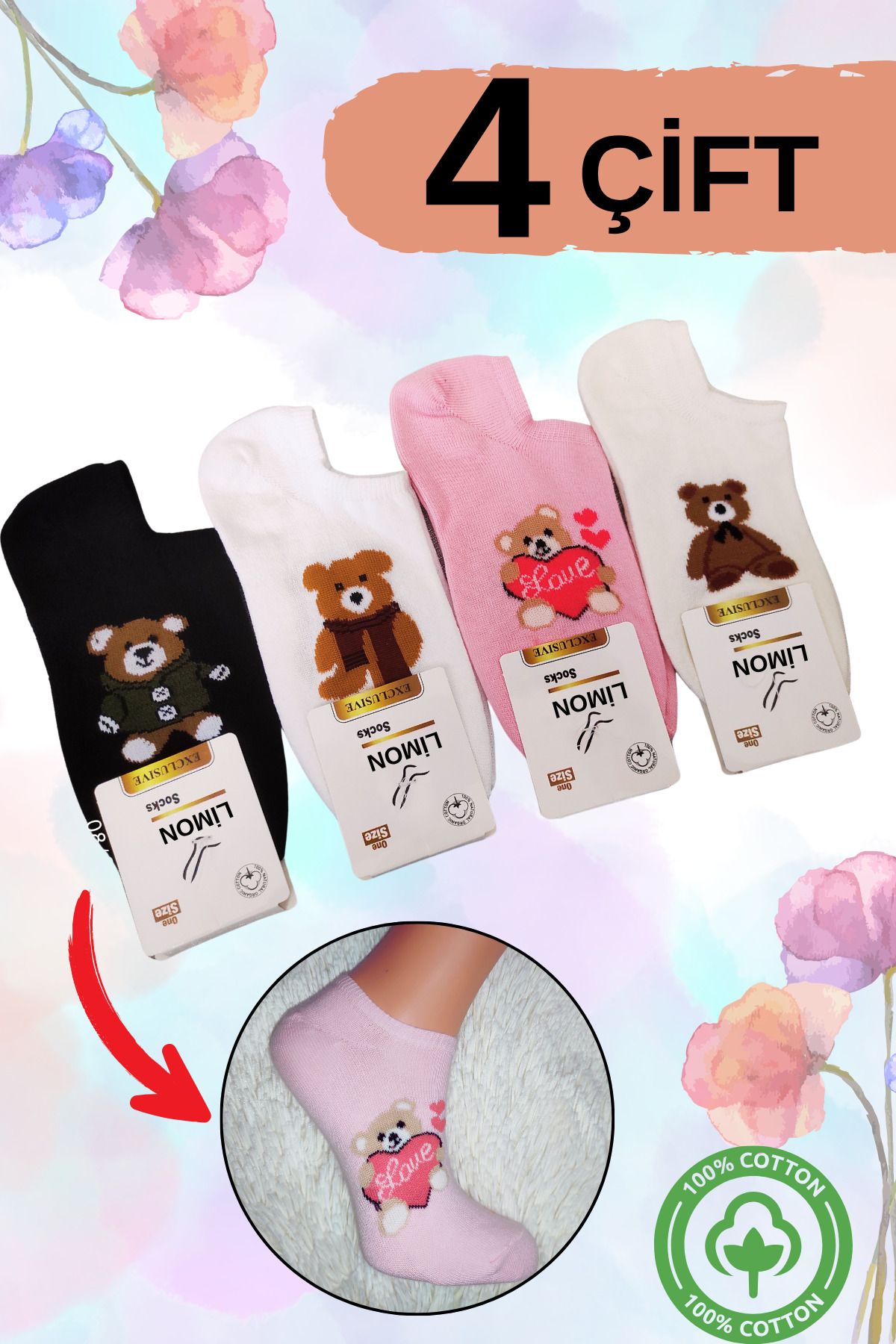 Limon Socks Kadın Çorap (4 Çift) Pamuklu Çocuk Çorabı Desenli Kısa Patik Çorap