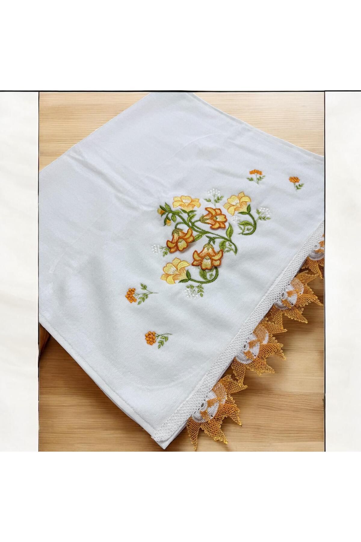 TUTUYA TEXTIL İğne Oyalı El işi Kadife 50 X90 cm El Havlusu Çeyizlik Havlu Çift Tarafı Dantelli