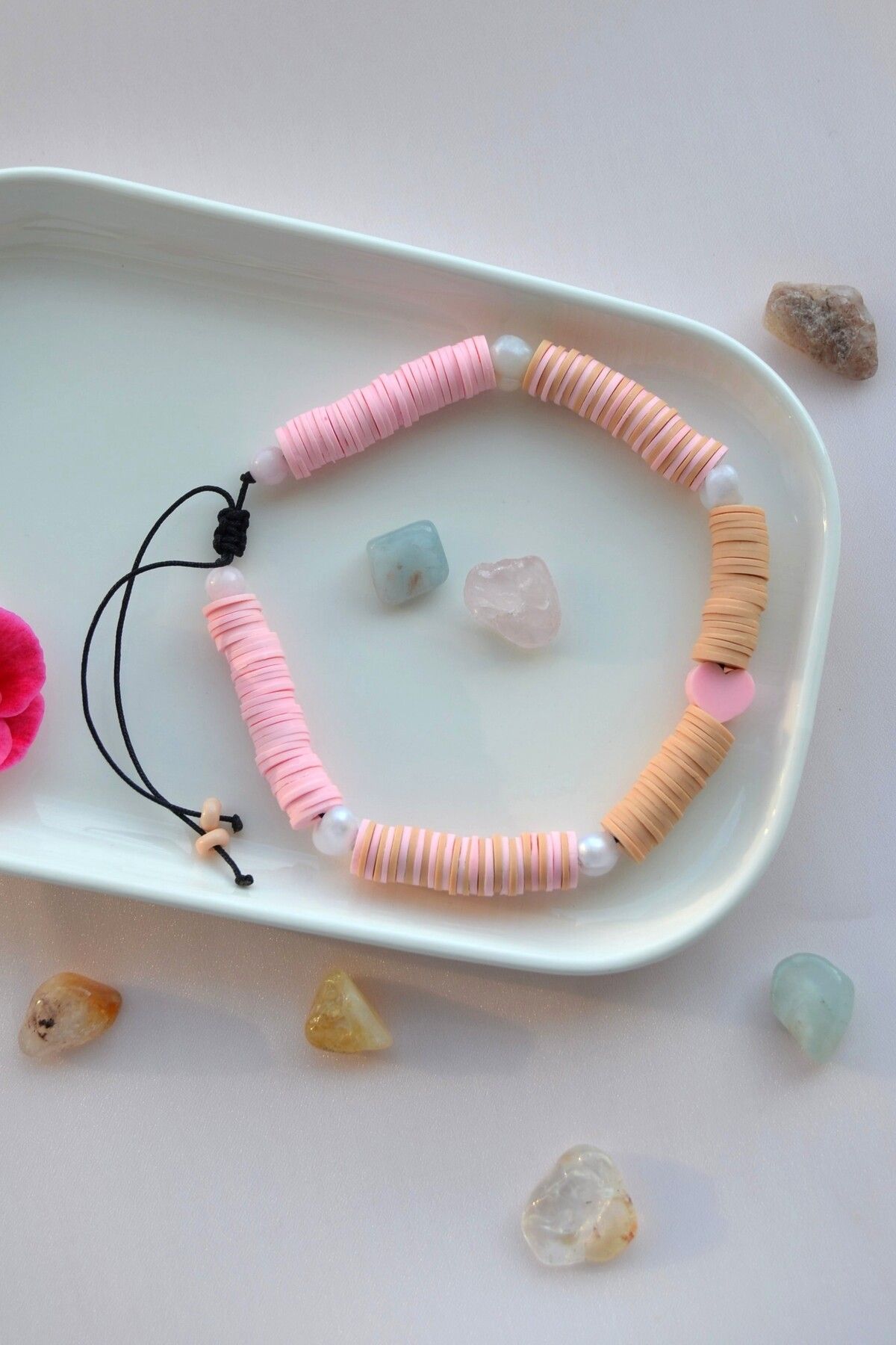 Sacce Scarves&Accessories Fimo Halhal Renkli Ayarlanabilir İpli Pembe Bej Tonlu